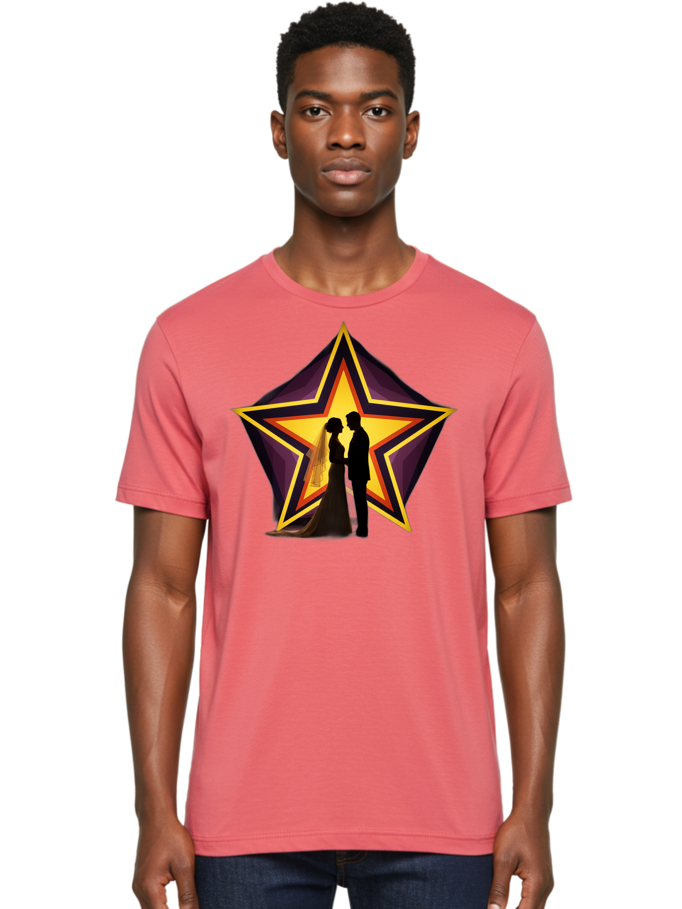 Silhouette-Couple-Star Men'S Graphic Tee, 100% Cotton, Comfortable Casual Summer Wear, Machine Washable, Newlywed Couple, Silhouetted Figures, Wedding Vows, Star Symbol, Love And Unity, Romantic Moment, Couple'S Love, Wedding Inspiration, Bab394