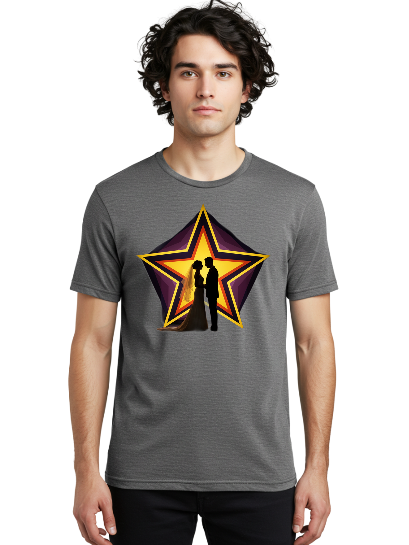 Silhouette-Couple-Star Men'S Graphic Tee, 100% Cotton, Comfortable Casual Summer Wear, Machine Washable, Newlywed Couple, Silhouetted Figures, Wedding Vows, Star Symbol, Love And Unity, Romantic Moment, Couple'S Love, Wedding Inspiration, Bab394