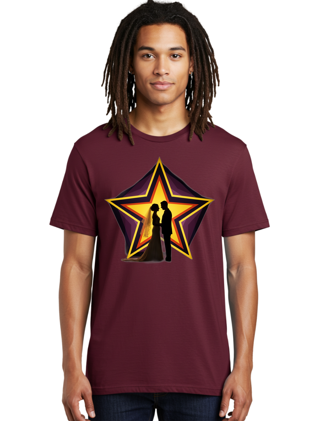 Silhouette-Couple-Star Men'S Graphic Tee, 100% Cotton, Comfortable Casual Summer Wear, Machine Washable, Newlywed Couple, Silhouetted Figures, Wedding Vows, Star Symbol, Love And Unity, Romantic Moment, Couple'S Love, Wedding Inspiration, Bab394