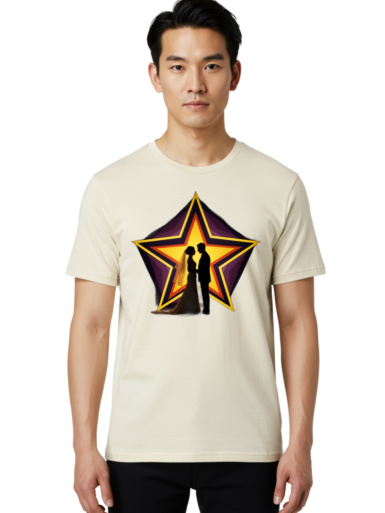 Silhouette-Couple-Star Men'S Graphic Tee, 100% Cotton, Comfortable Casual Summer Wear, Machine Washable, Newlywed Couple, Silhouetted Figures, Wedding Vows, Star Symbol, Love And Unity, Romantic Moment, Couple'S Love, Wedding Inspiration, Bab394