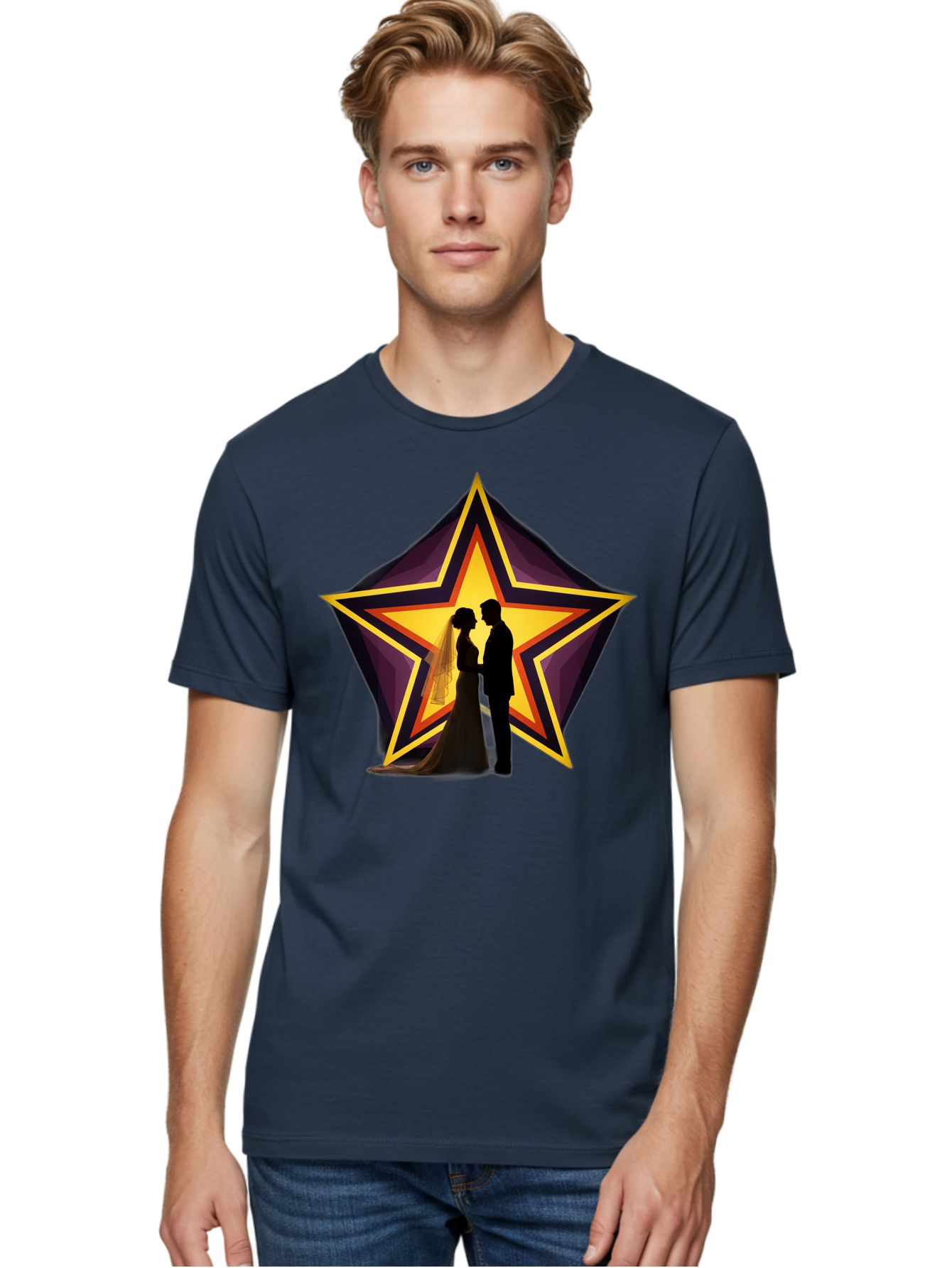 Silhouette-Couple-Star Men'S Graphic Tee, 100% Cotton, Comfortable Casual Summer Wear, Machine Washable, Newlywed Couple, Silhouetted Figures, Wedding Vows, Star Symbol, Love And Unity, Romantic Moment, Couple'S Love, Wedding Inspiration, Bab394
