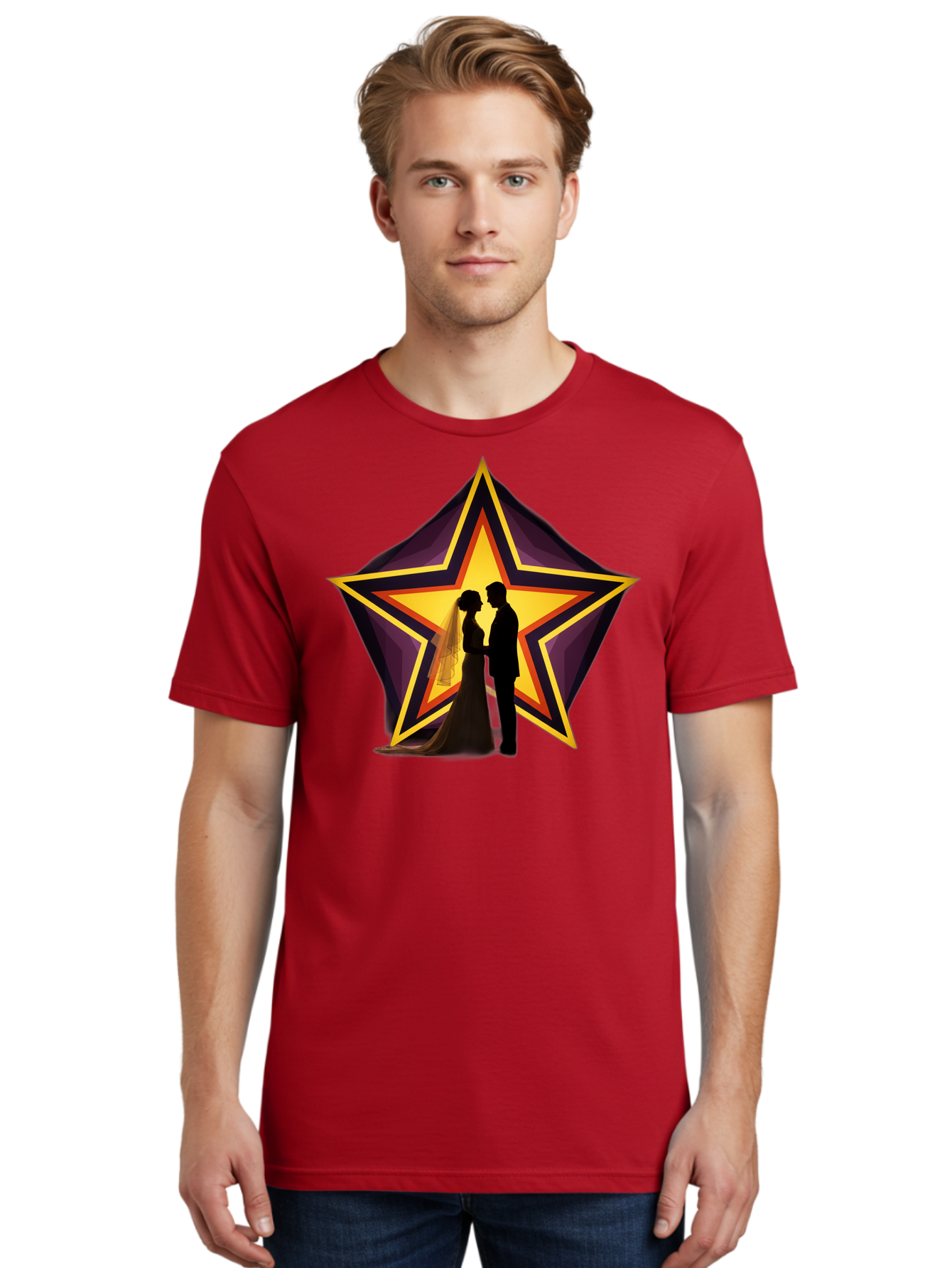 Silhouette-Couple-Star Men'S Graphic Tee, 100% Cotton, Comfortable Casual Summer Wear, Machine Washable, Newlywed Couple, Silhouetted Figures, Wedding Vows, Star Symbol, Love And Unity, Romantic Moment, Couple'S Love, Wedding Inspiration, Bab394