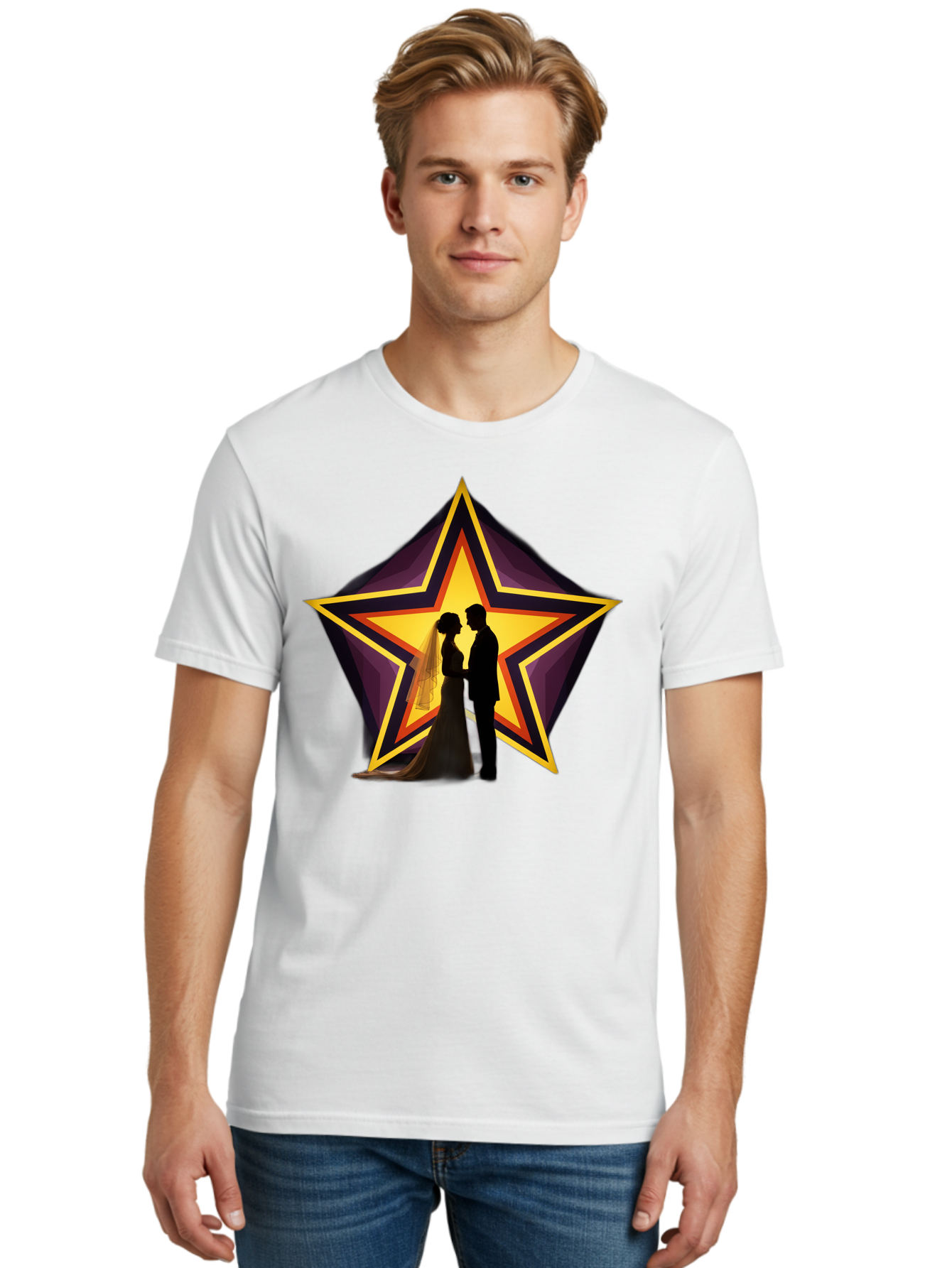 Silhouette-Couple-Star Men'S Graphic Tee, 100% Cotton, Comfortable Casual Summer Wear, Machine Washable, Newlywed Couple, Silhouetted Figures, Wedding Vows, Star Symbol, Love And Unity, Romantic Moment, Couple'S Love, Wedding Inspiration, Bab394