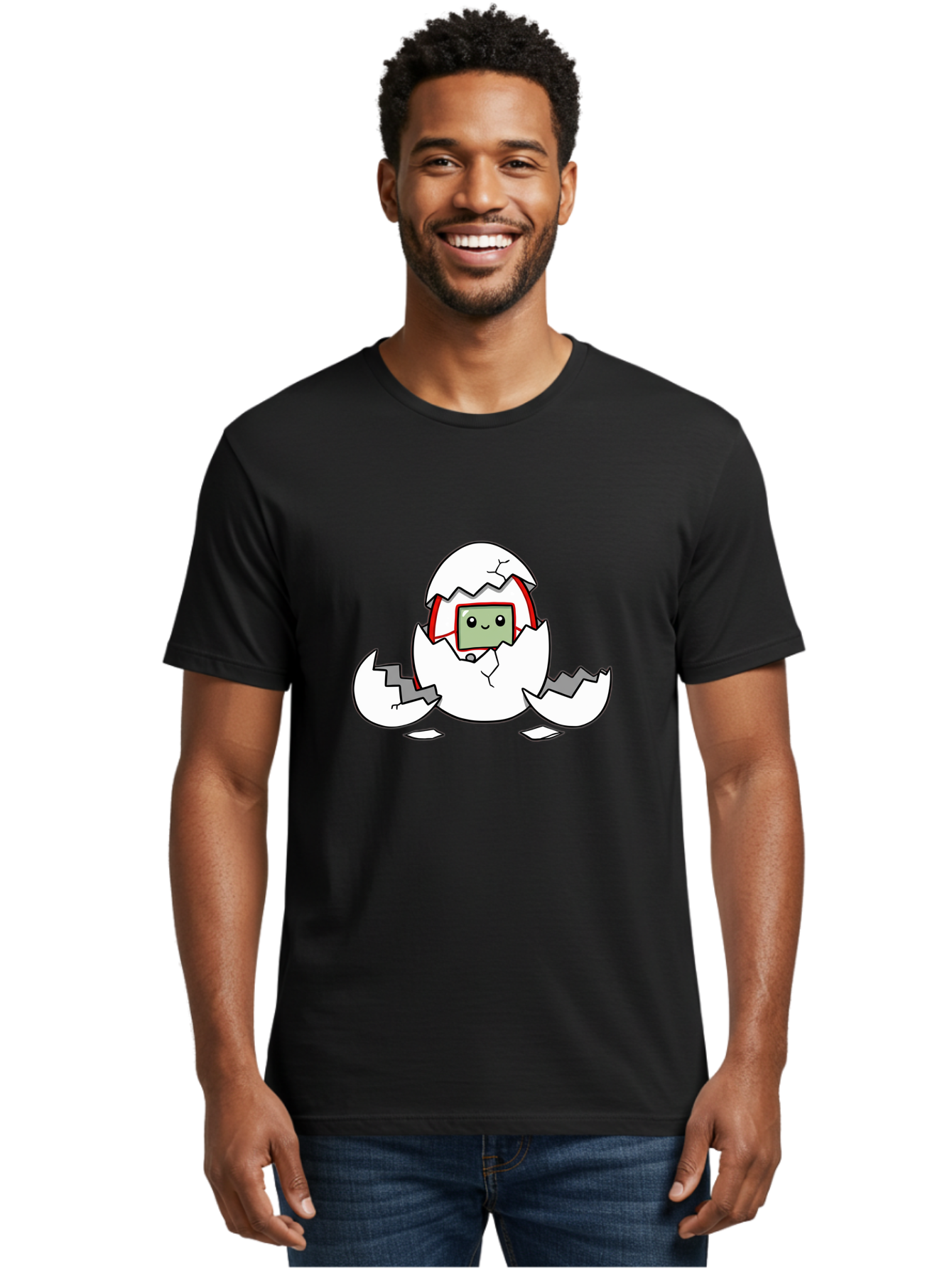 Sim-Card-Hatching Men'S Graphic Tee, 100% Cotton, Comfortable Casual Summer Wear, Machine Washable, Sim Card Hatching From Egg, Cartoon Character, Digital Technology, Telecommunications, Cute Illustration, Broken Eggshell, New Beginnings Bab396