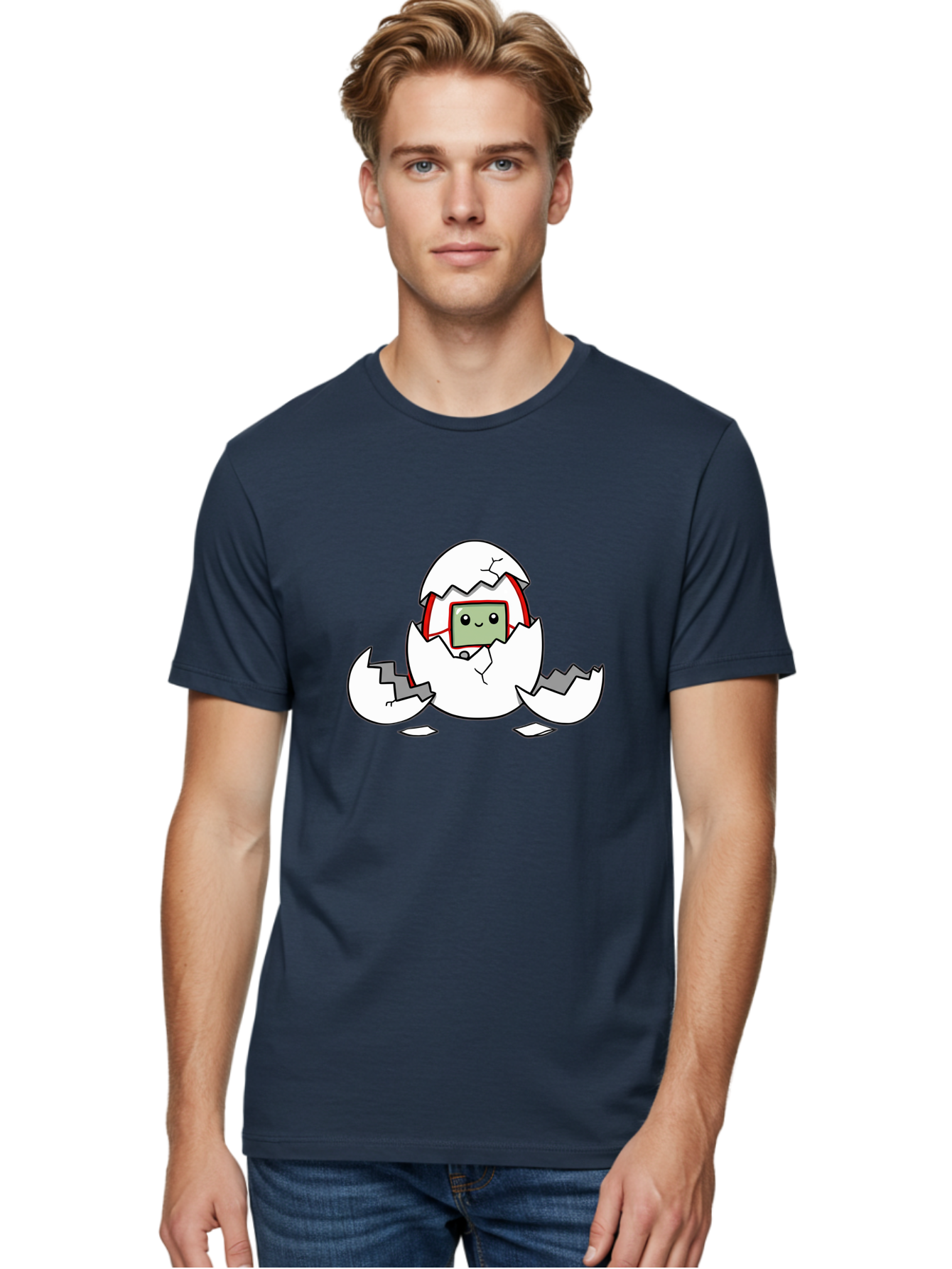 Sim-Card-Hatching Men'S Graphic Tee, 100% Cotton, Comfortable Casual Summer Wear, Machine Washable, Sim Card Hatching From Egg, Cartoon Character, Digital Technology, Telecommunications, Cute Illustration, Broken Eggshell, New Beginnings Bab396