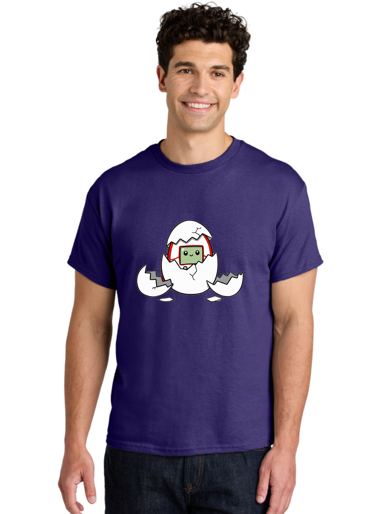 Sim-Card-Hatching Men'S Graphic Tee, 100% Cotton, Comfortable Casual Summer Wear, Machine Washable, Sim Card Hatching From Egg, Cartoon Character, Digital Technology, Telecommunications, Cute Illustration, Broken Eggshell, New Beginnings Bab396