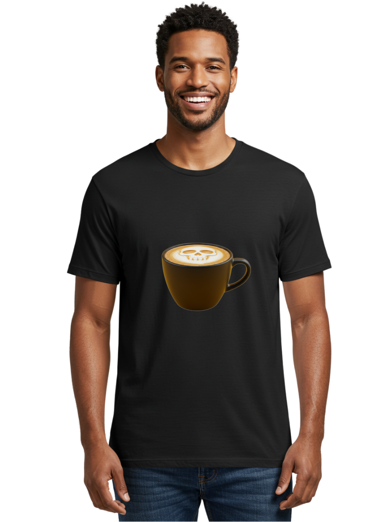Skull-Coffee Men'S Graphic Tee, 100% Cotton, Comfortable Casual Summer Wear, Machine Washable, Latte Art, Coffee Design, Skull Pattern, Creative Coffee Art, Unique Latte Design, Coffee Culture, Foam Art, Barista Skills Bab397