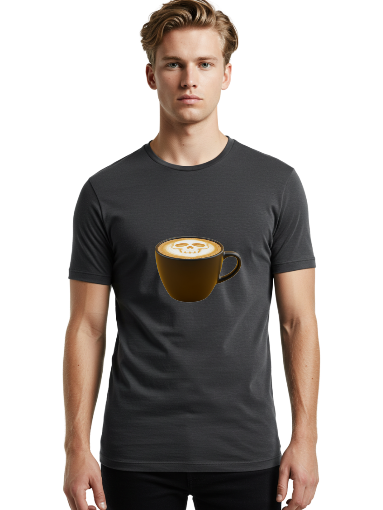Skull-Coffee Men'S Graphic Tee, 100% Cotton, Comfortable Casual Summer Wear, Machine Washable, Latte Art, Coffee Design, Skull Pattern, Creative Coffee Art, Unique Latte Design, Coffee Culture, Foam Art, Barista Skills Bab397