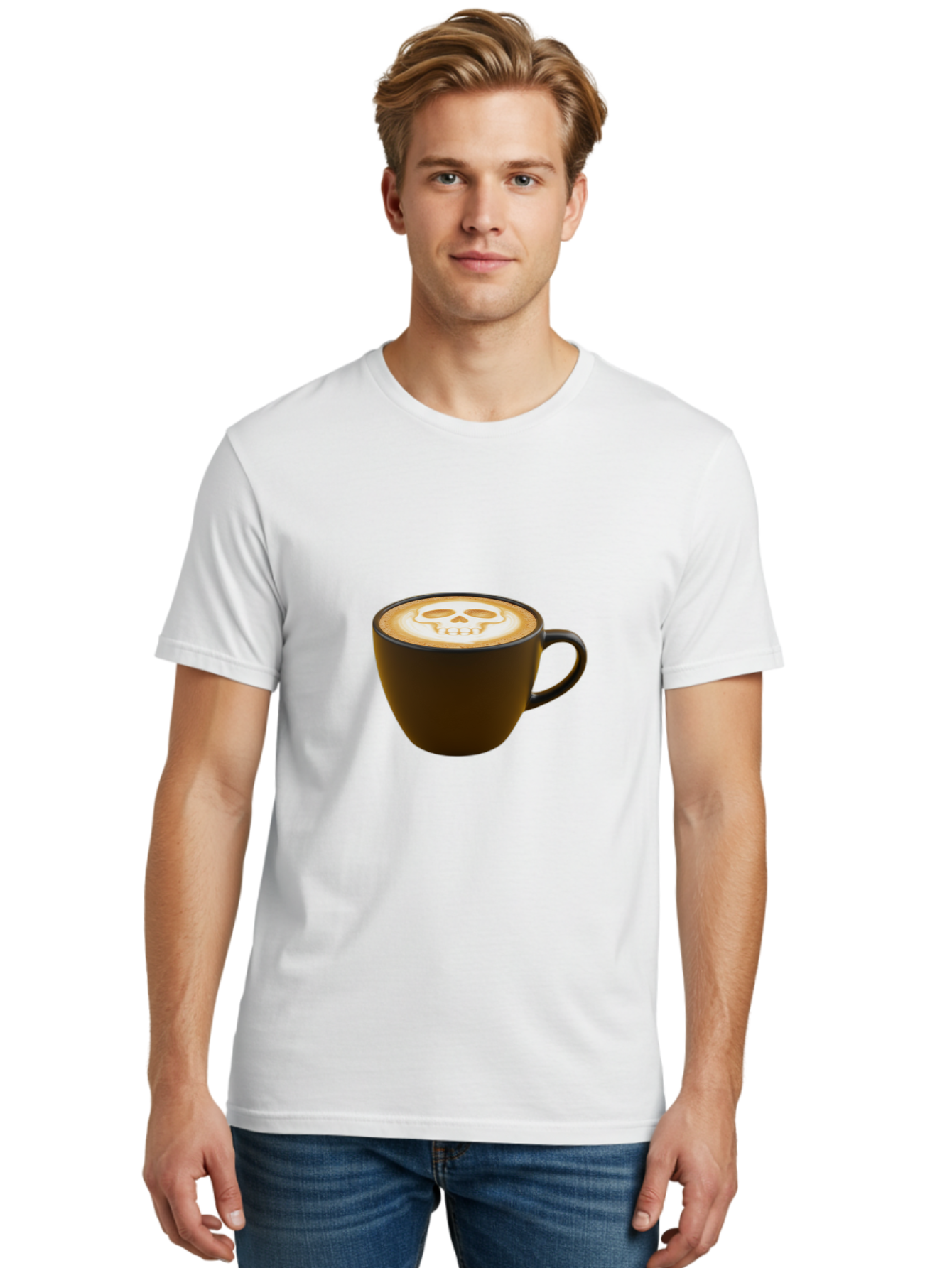 Skull-Coffee Men'S Graphic Tee, 100% Cotton, Comfortable Casual Summer Wear, Machine Washable, Latte Art, Coffee Design, Skull Pattern, Creative Coffee Art, Unique Latte Design, Coffee Culture, Foam Art, Barista Skills Bab397