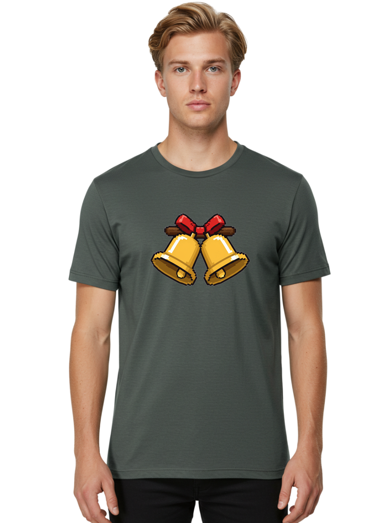 Sleigh-Bells Men'S Graphic Tee, 100% Cotton, Comfortable Casual Summer Wear, Machine Washable, Gold Bells, Christmas Decorations, Festive Decor, Holiday Cheer, Jingling Bells, Red Bow, Christmas Symbolism, Winter Wonderland, Seasonal Greetings Bab399