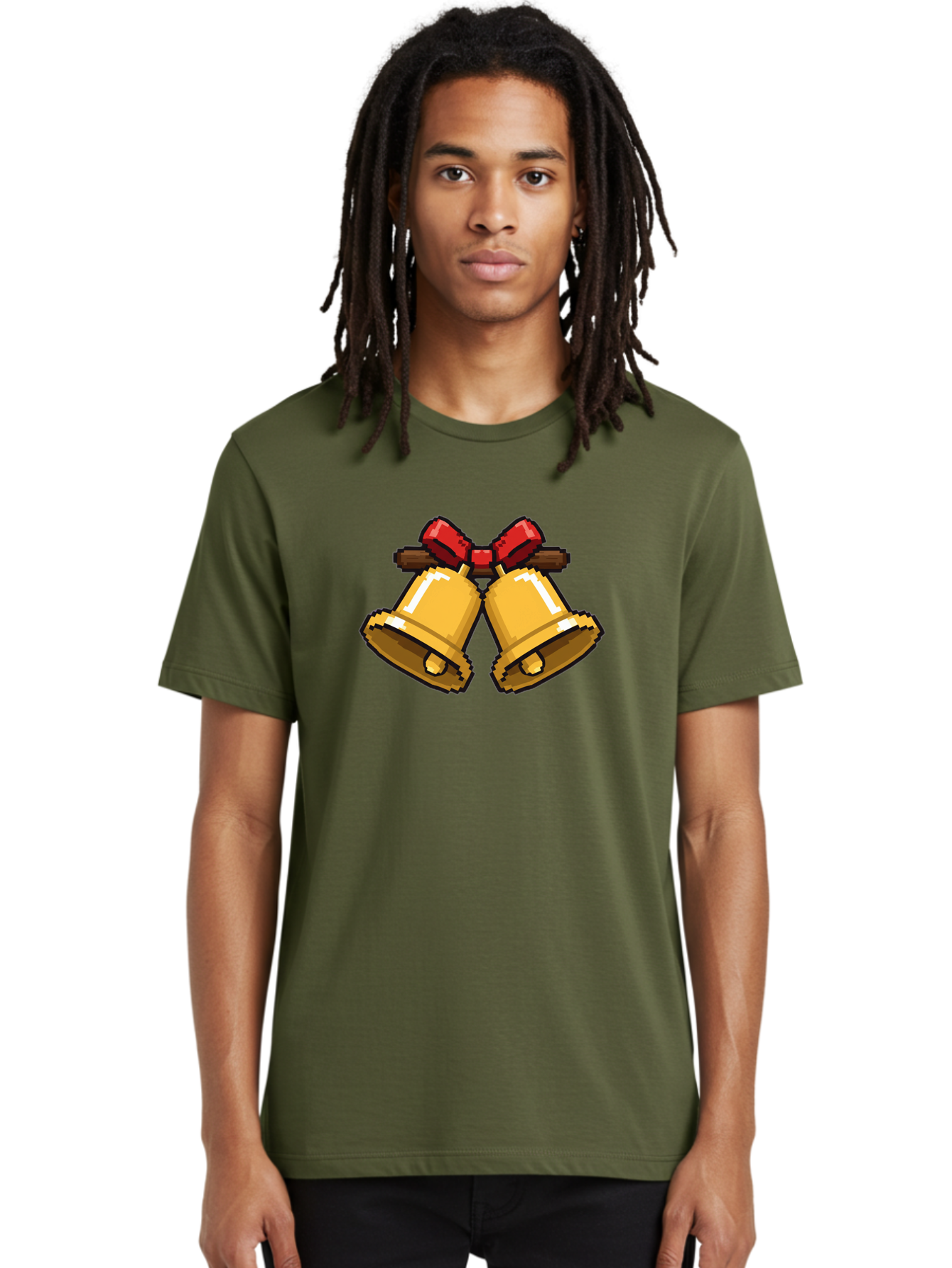 Sleigh-Bells Men'S Graphic Tee, 100% Cotton, Comfortable Casual Summer Wear, Machine Washable, Gold Bells, Christmas Decorations, Festive Decor, Holiday Cheer, Jingling Bells, Red Bow, Christmas Symbolism, Winter Wonderland, Seasonal Greetings Bab399
