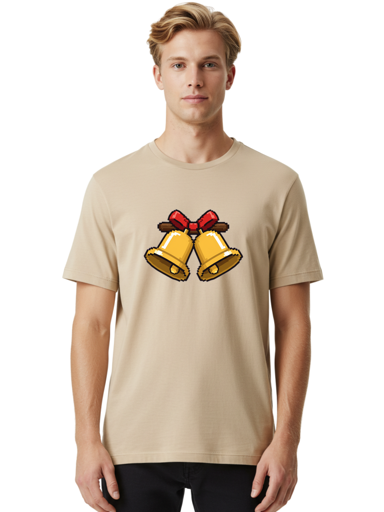 Sleigh-Bells Men'S Graphic Tee, 100% Cotton, Comfortable Casual Summer Wear, Machine Washable, Gold Bells, Christmas Decorations, Festive Decor, Holiday Cheer, Jingling Bells, Red Bow, Christmas Symbolism, Winter Wonderland, Seasonal Greetings Bab399