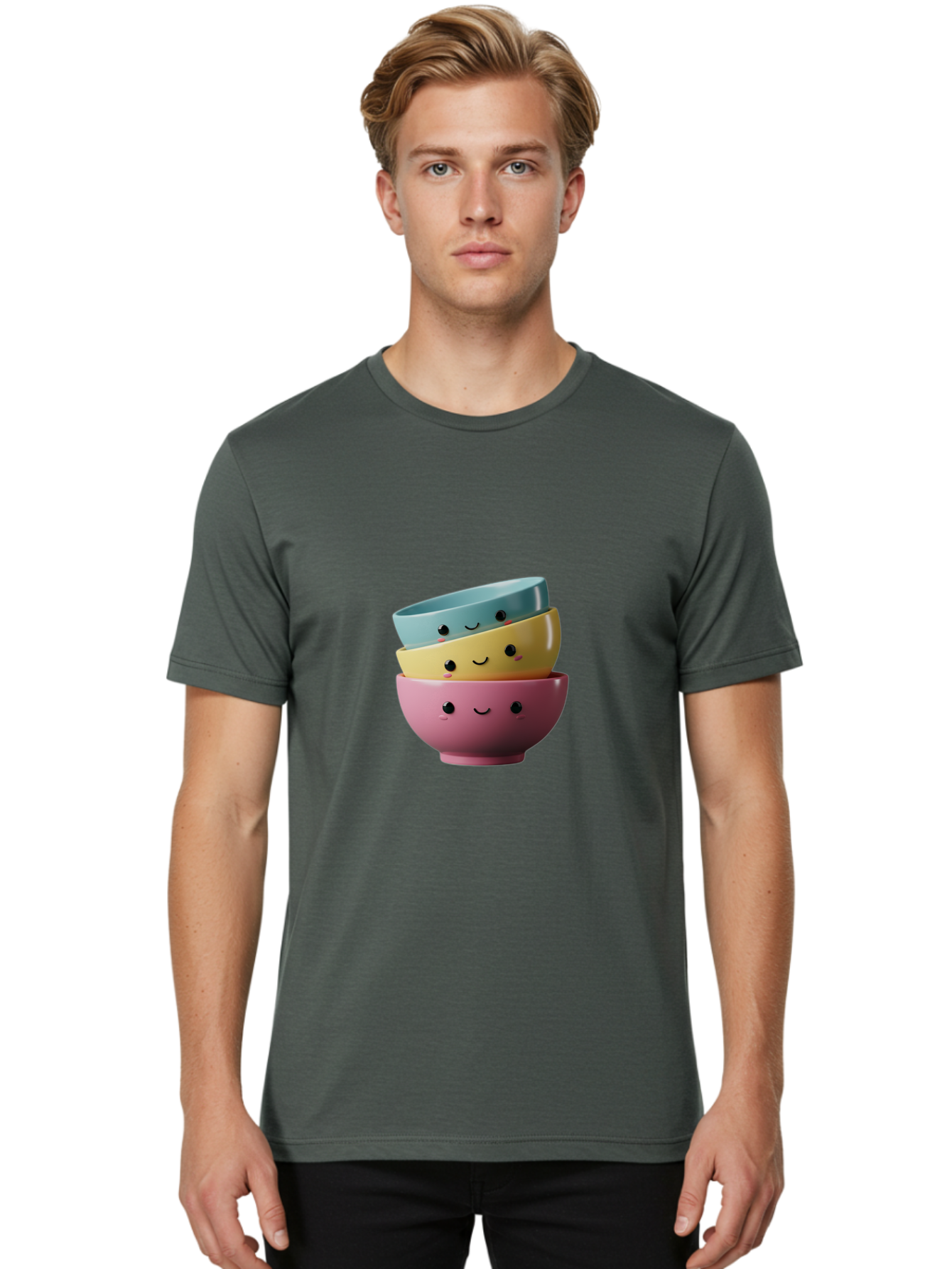 Smiley-Bowls-1 Men'S Graphic Tee, 100% Cotton, Comfortable Casual Summer Wear, Machine Washable, Stacked Bowls, Colorful Kitchenware, Smiling Faces, Cute Ceramics, Pastel Colors, Adorable Design, Happy Kitchen, Playful Tableware Bab401