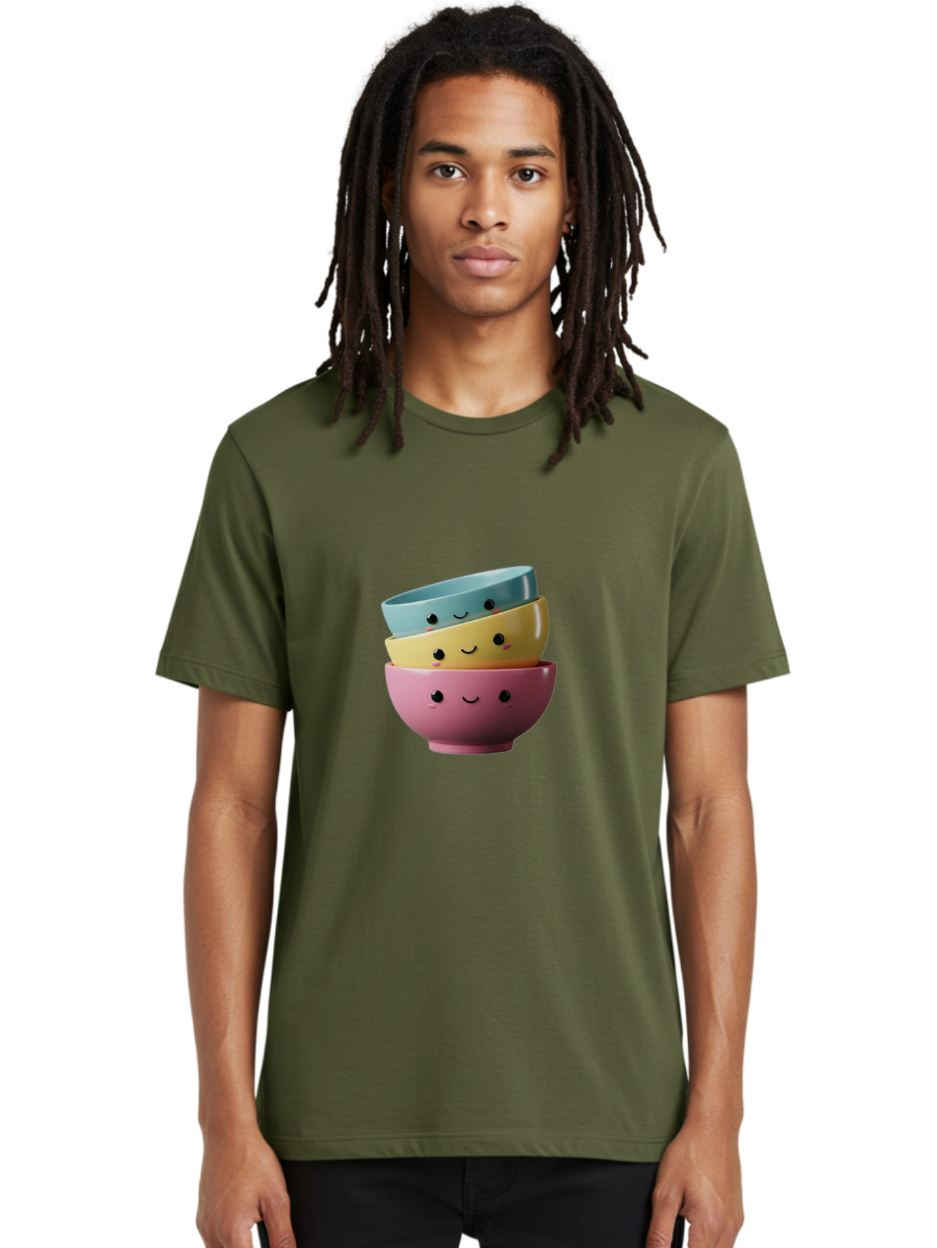 Smiley-Bowls-1 Men'S Graphic Tee, 100% Cotton, Comfortable Casual Summer Wear, Machine Washable, Stacked Bowls, Colorful Kitchenware, Smiling Faces, Cute Ceramics, Pastel Colors, Adorable Design, Happy Kitchen, Playful Tableware Bab401