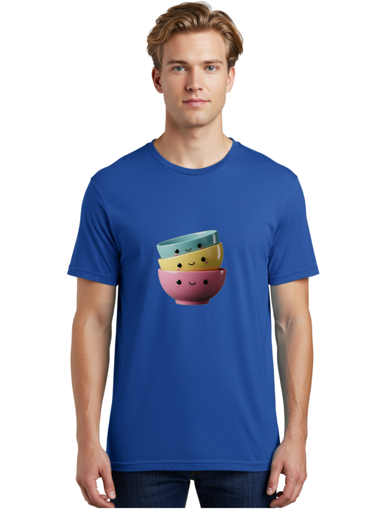 Smiley-Bowls-1 Men'S Graphic Tee, 100% Cotton, Comfortable Casual Summer Wear, Machine Washable, Stacked Bowls, Colorful Kitchenware, Smiling Faces, Cute Ceramics, Pastel Colors, Adorable Design, Happy Kitchen, Playful Tableware Bab401