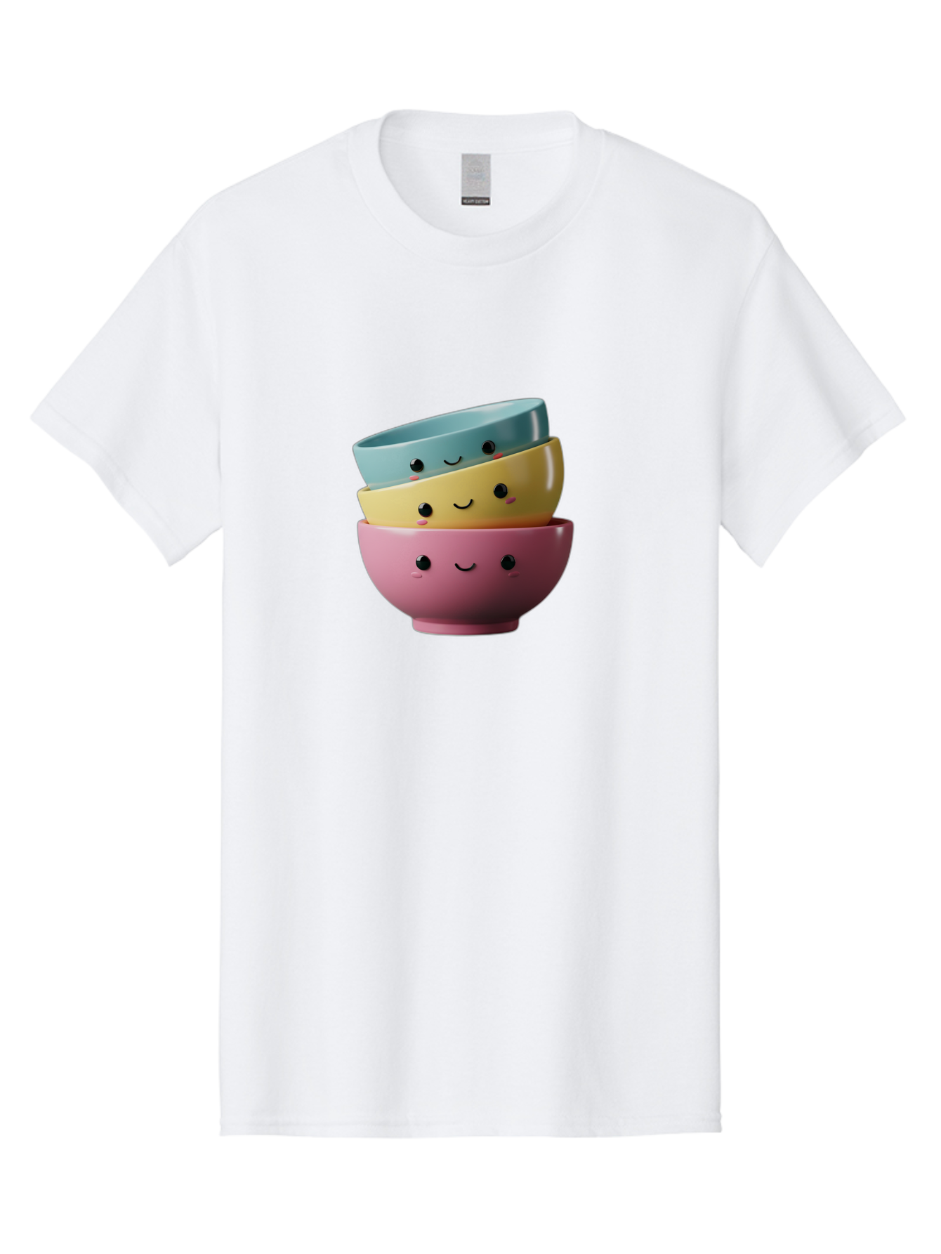 Smiley-Bowls-1 Men'S Graphic Tee, 100% Cotton, Comfortable Casual Summer Wear, Machine Washable, Stacked Bowls, Colorful Kitchenware, Smiling Faces, Cute Ceramics, Pastel Colors, Adorable Design, Happy Kitchen, Playful Tableware Bab401