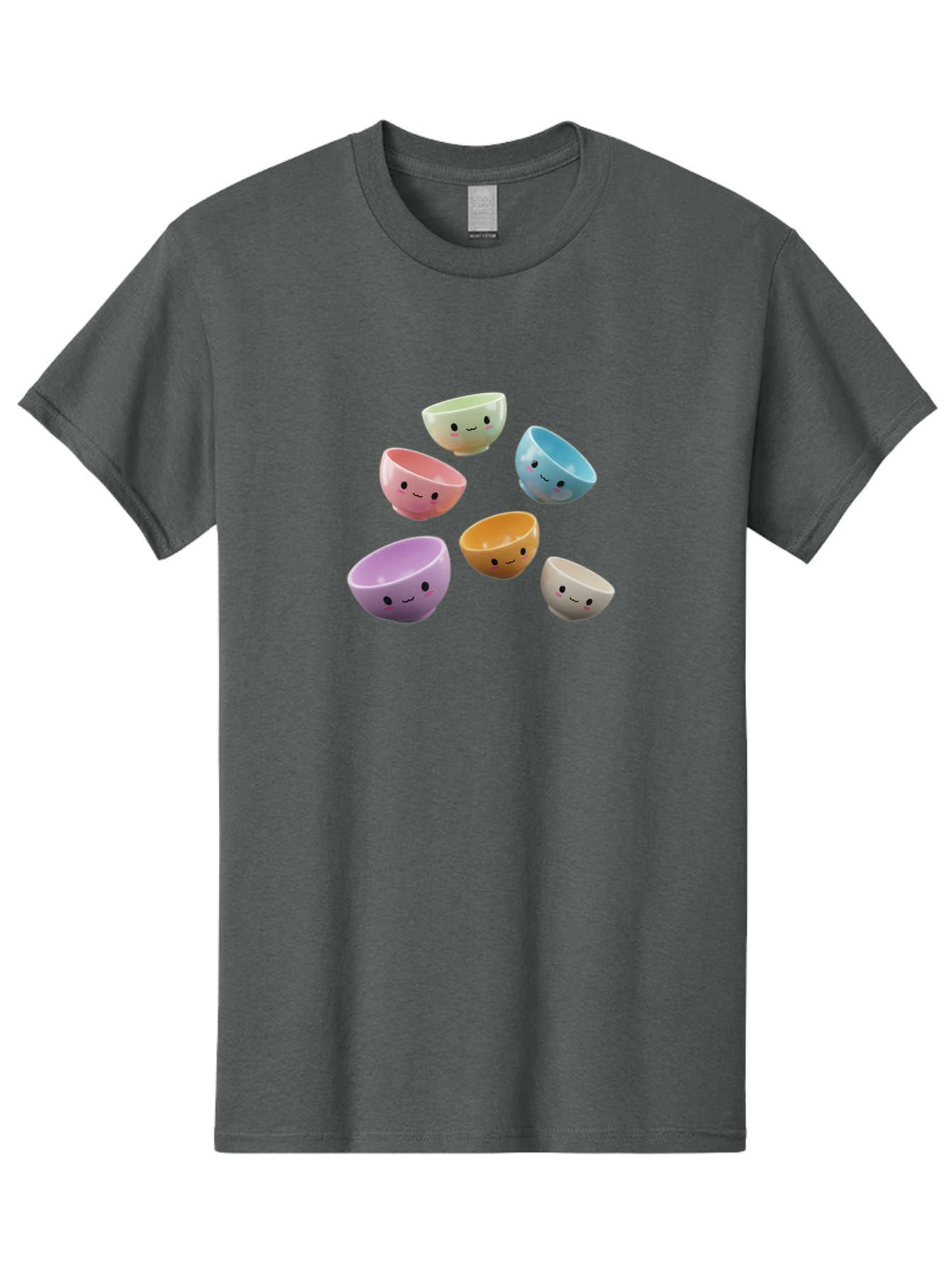 Smiley-Bowls-2 Men'S Graphic Tee, 100% Cotton, Comfortable Casual Summer Wear, Machine Washable, Pastel-Colored Bowls, Cute Faces, Smiling Bowls, Kawaii, Adorable Kitchenware, Colorful Tableware, Whimsical Design, Happy Faces, Ceramic Bowls Bab402