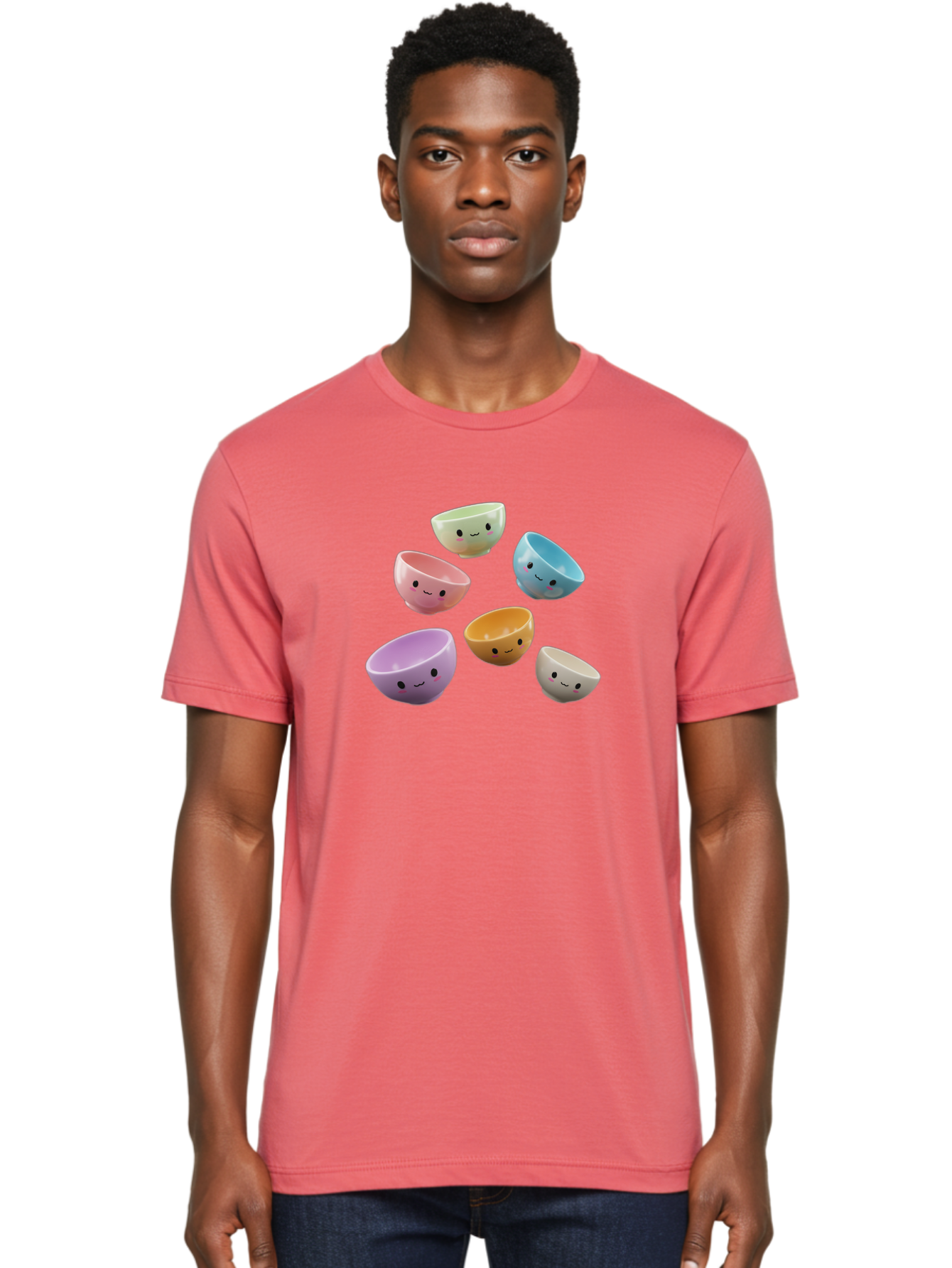Smiley-Bowls-2 Men'S Graphic Tee, 100% Cotton, Comfortable Casual Summer Wear, Machine Washable, Pastel-Colored Bowls, Cute Faces, Smiling Bowls, Kawaii, Adorable Kitchenware, Colorful Tableware, Whimsical Design, Happy Faces, Ceramic Bowls Bab402