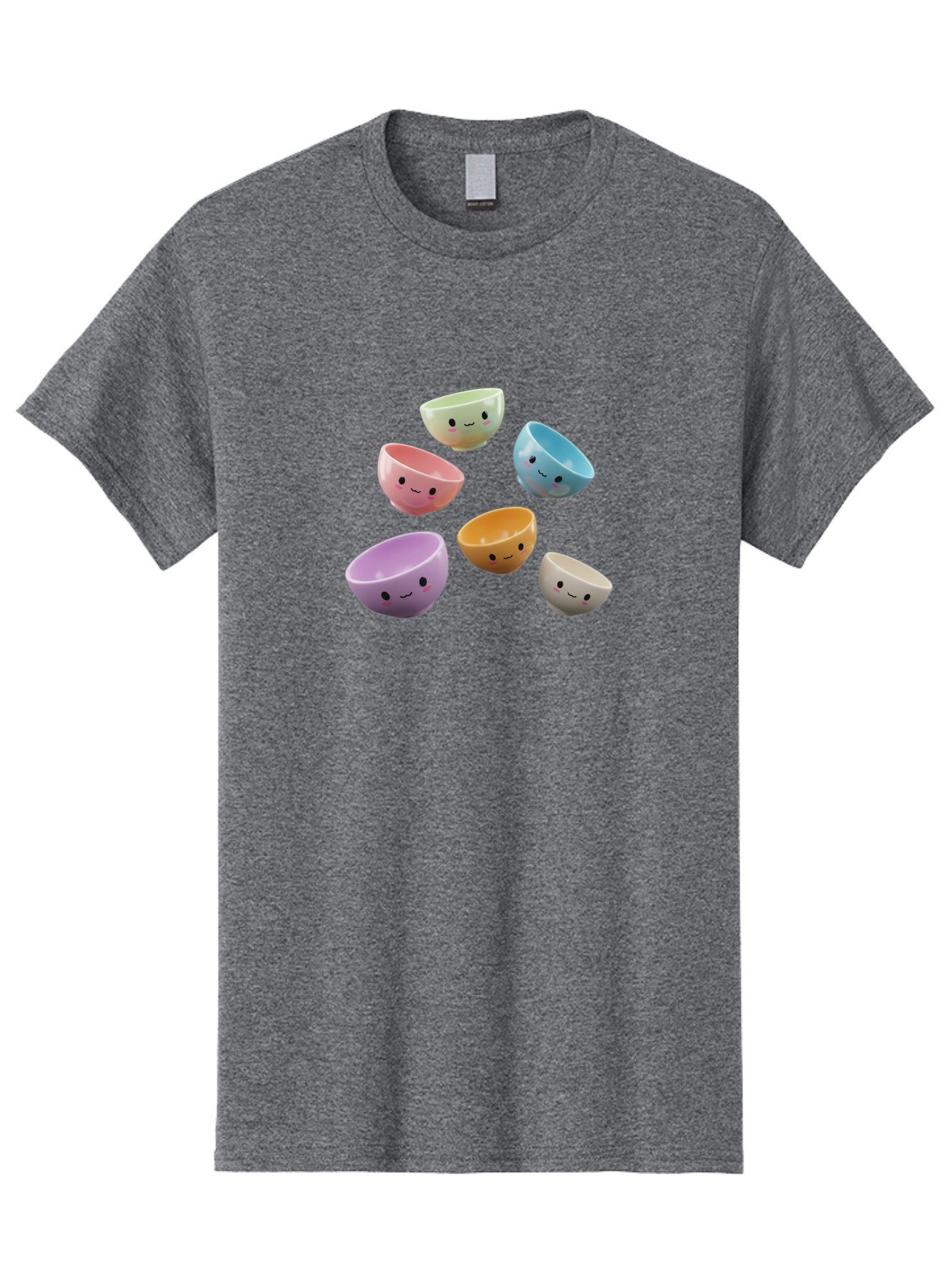 Smiley-Bowls-2 Men'S Graphic Tee, 100% Cotton, Comfortable Casual Summer Wear, Machine Washable, Pastel-Colored Bowls, Cute Faces, Smiling Bowls, Kawaii, Adorable Kitchenware, Colorful Tableware, Whimsical Design, Happy Faces, Ceramic Bowls Bab402