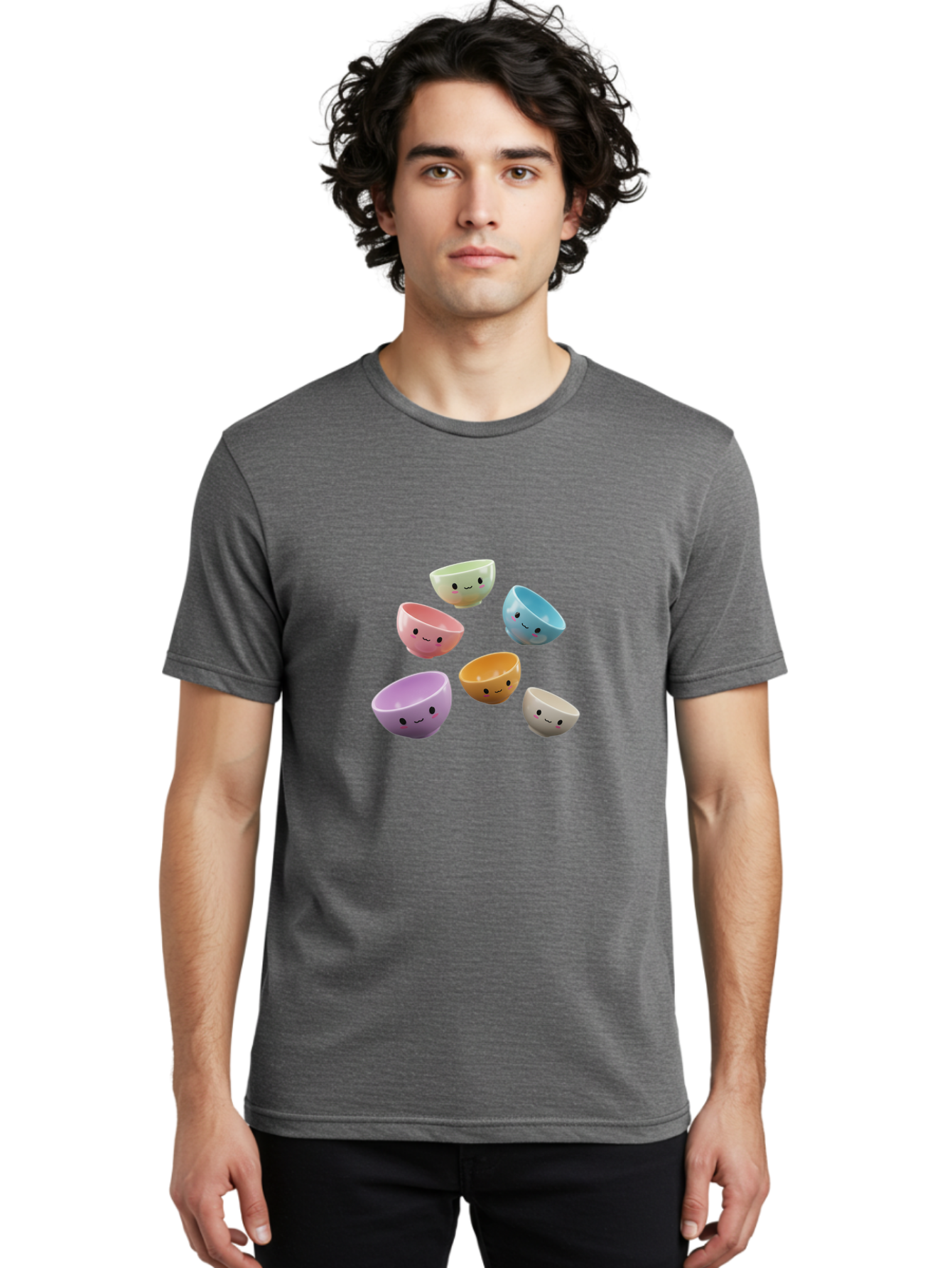 Smiley-Bowls-2 Men'S Graphic Tee, 100% Cotton, Comfortable Casual Summer Wear, Machine Washable, Pastel-Colored Bowls, Cute Faces, Smiling Bowls, Kawaii, Adorable Kitchenware, Colorful Tableware, Whimsical Design, Happy Faces, Ceramic Bowls Bab402