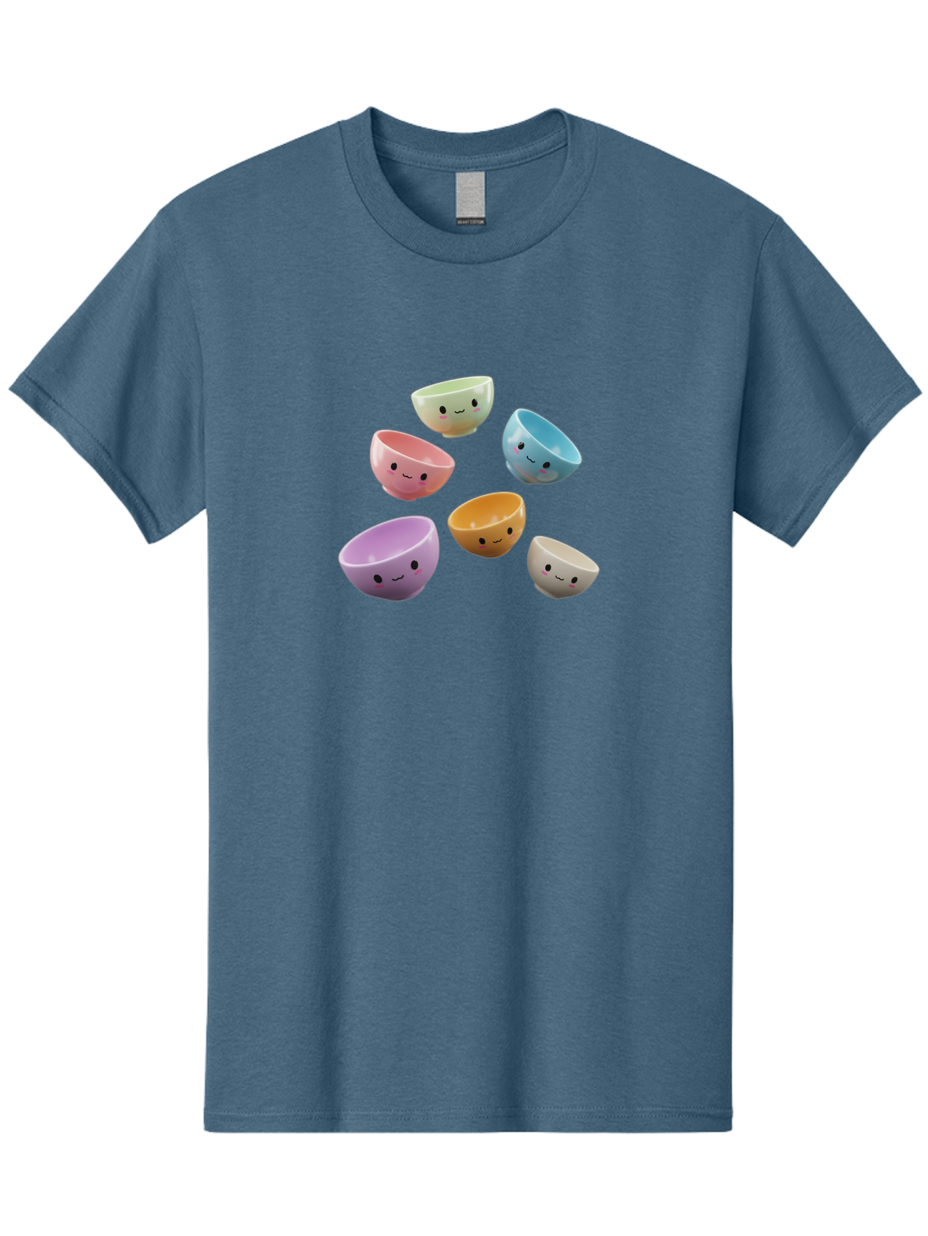 Smiley-Bowls-2 Men'S Graphic Tee, 100% Cotton, Comfortable Casual Summer Wear, Machine Washable, Pastel-Colored Bowls, Cute Faces, Smiling Bowls, Kawaii, Adorable Kitchenware, Colorful Tableware, Whimsical Design, Happy Faces, Ceramic Bowls Bab402