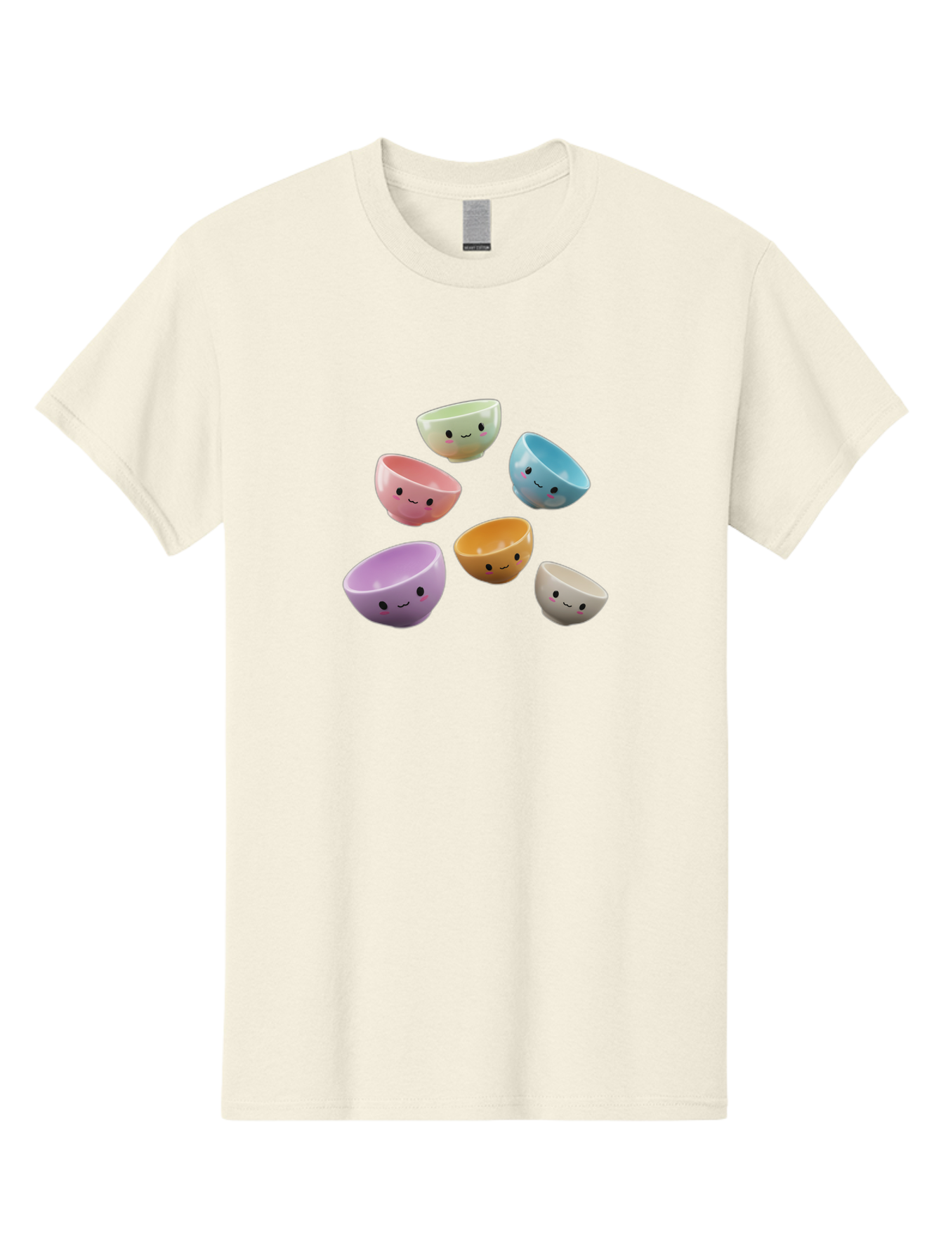 Smiley-Bowls-2 Men'S Graphic Tee, 100% Cotton, Comfortable Casual Summer Wear, Machine Washable, Pastel-Colored Bowls, Cute Faces, Smiling Bowls, Kawaii, Adorable Kitchenware, Colorful Tableware, Whimsical Design, Happy Faces, Ceramic Bowls Bab402