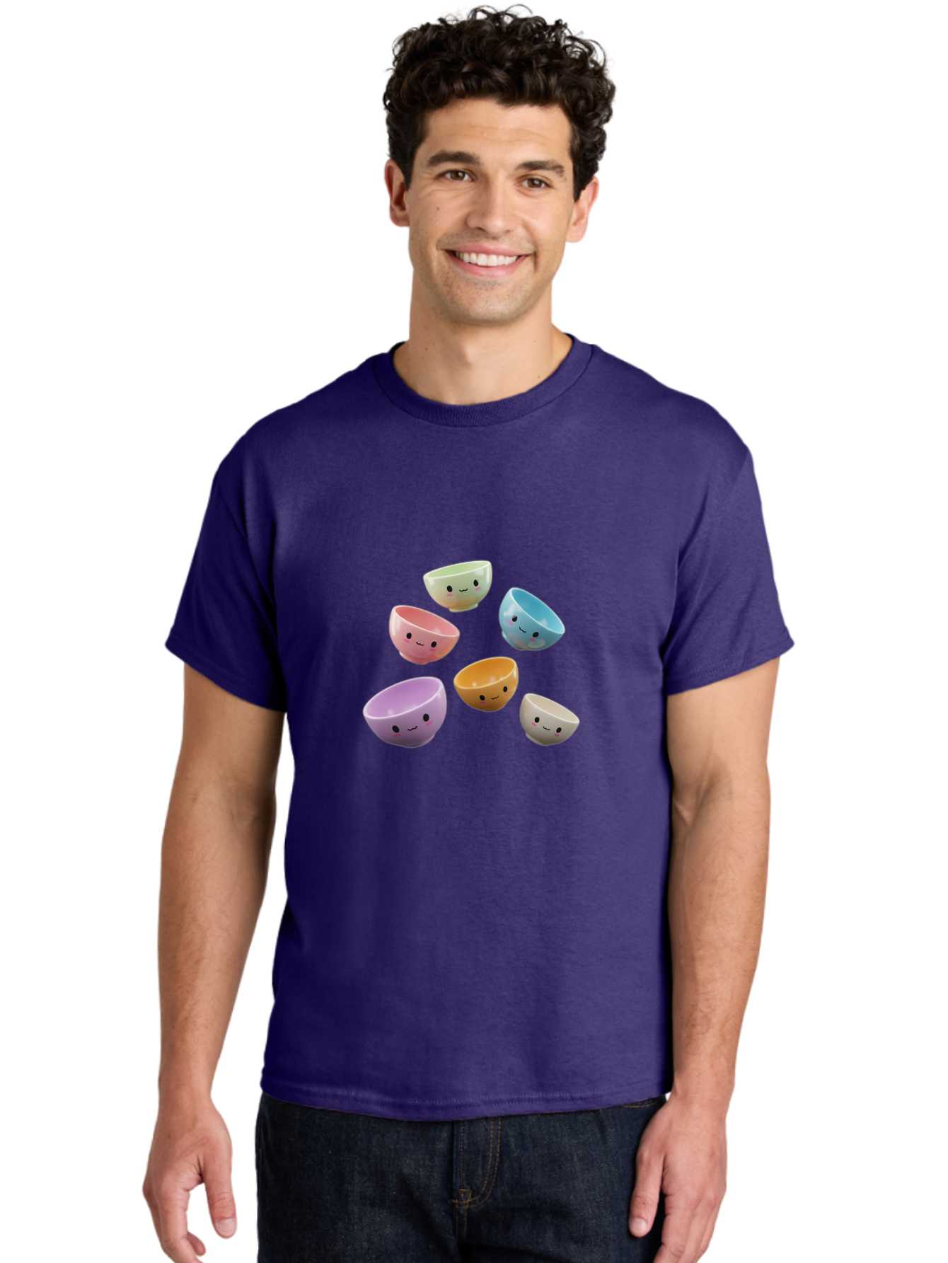 Smiley-Bowls-2 Men'S Graphic Tee, 100% Cotton, Comfortable Casual Summer Wear, Machine Washable, Pastel-Colored Bowls, Cute Faces, Smiling Bowls, Kawaii, Adorable Kitchenware, Colorful Tableware, Whimsical Design, Happy Faces, Ceramic Bowls Bab402