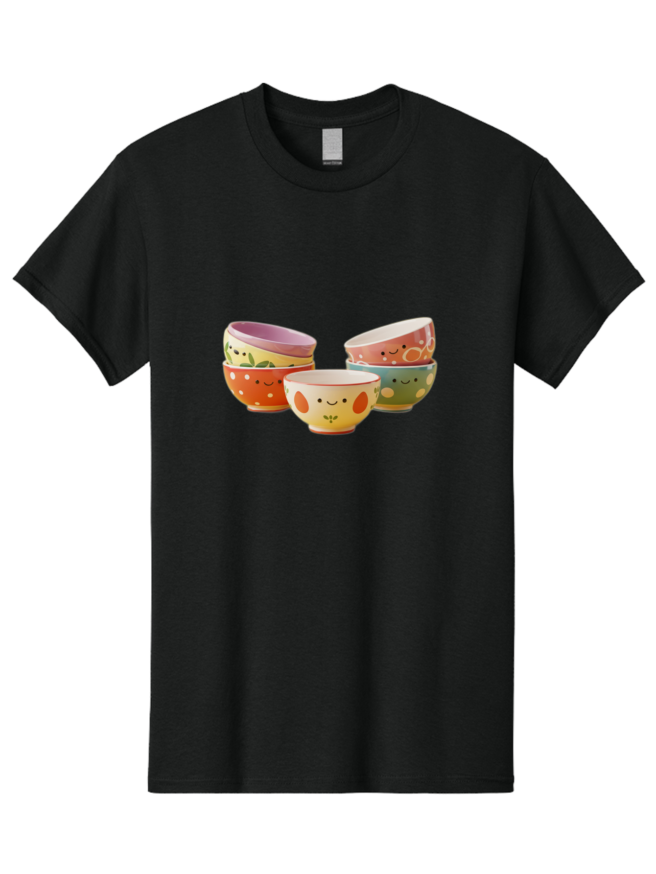 Smiley-Bowls Men'S Graphic Tee, 100% Cotton, Comfortable Casual Summer Wear, Machine Washable, Colorful Bowls, Smiley Faces, Playful Designs, Ceramic Tableware, Kitchen Decor, Happy Vibes, Polka Dots Bab403
