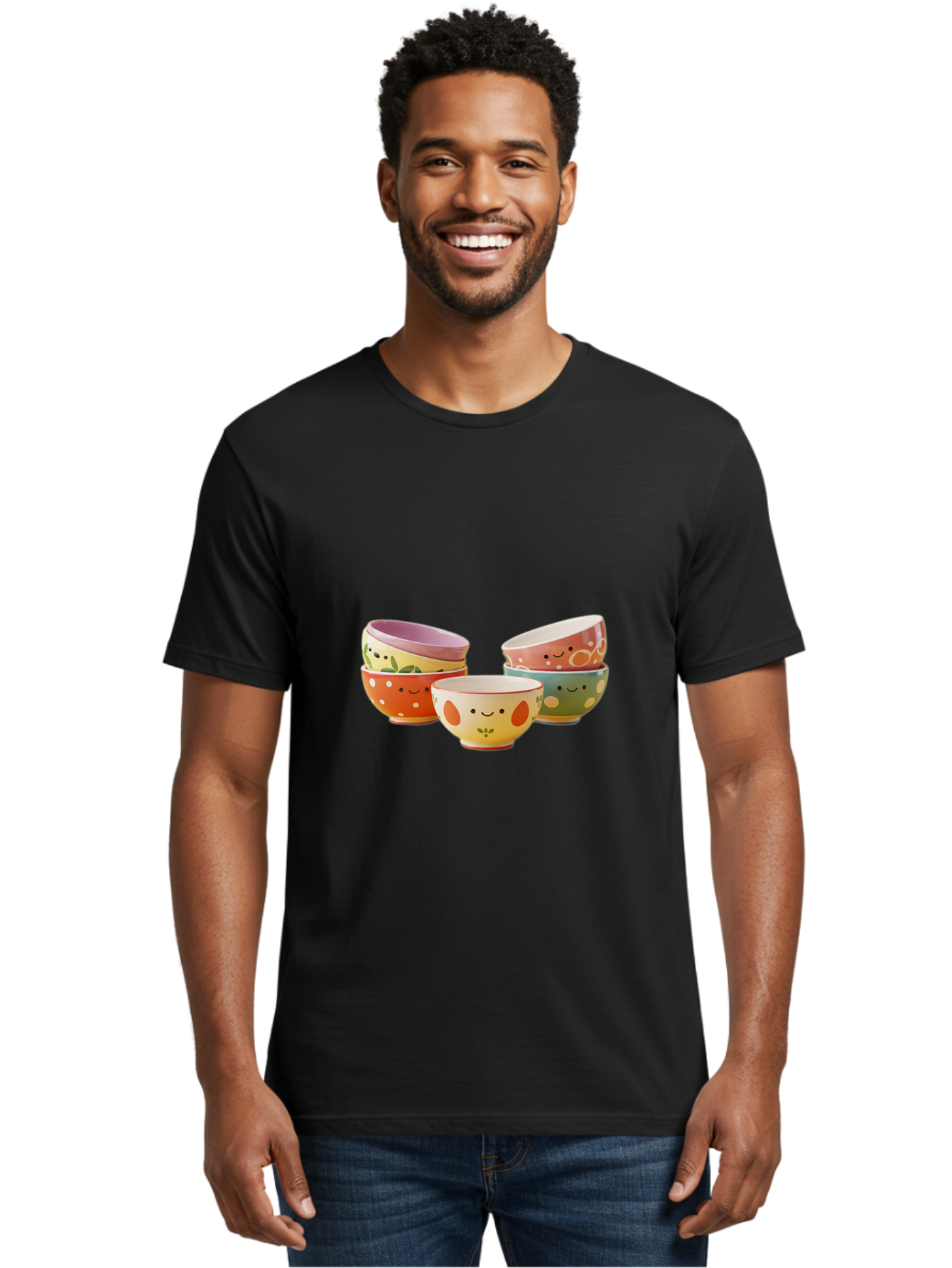 Smiley-Bowls Men'S Graphic Tee, 100% Cotton, Comfortable Casual Summer Wear, Machine Washable, Colorful Bowls, Smiley Faces, Playful Designs, Ceramic Tableware, Kitchen Decor, Happy Vibes, Polka Dots Bab403