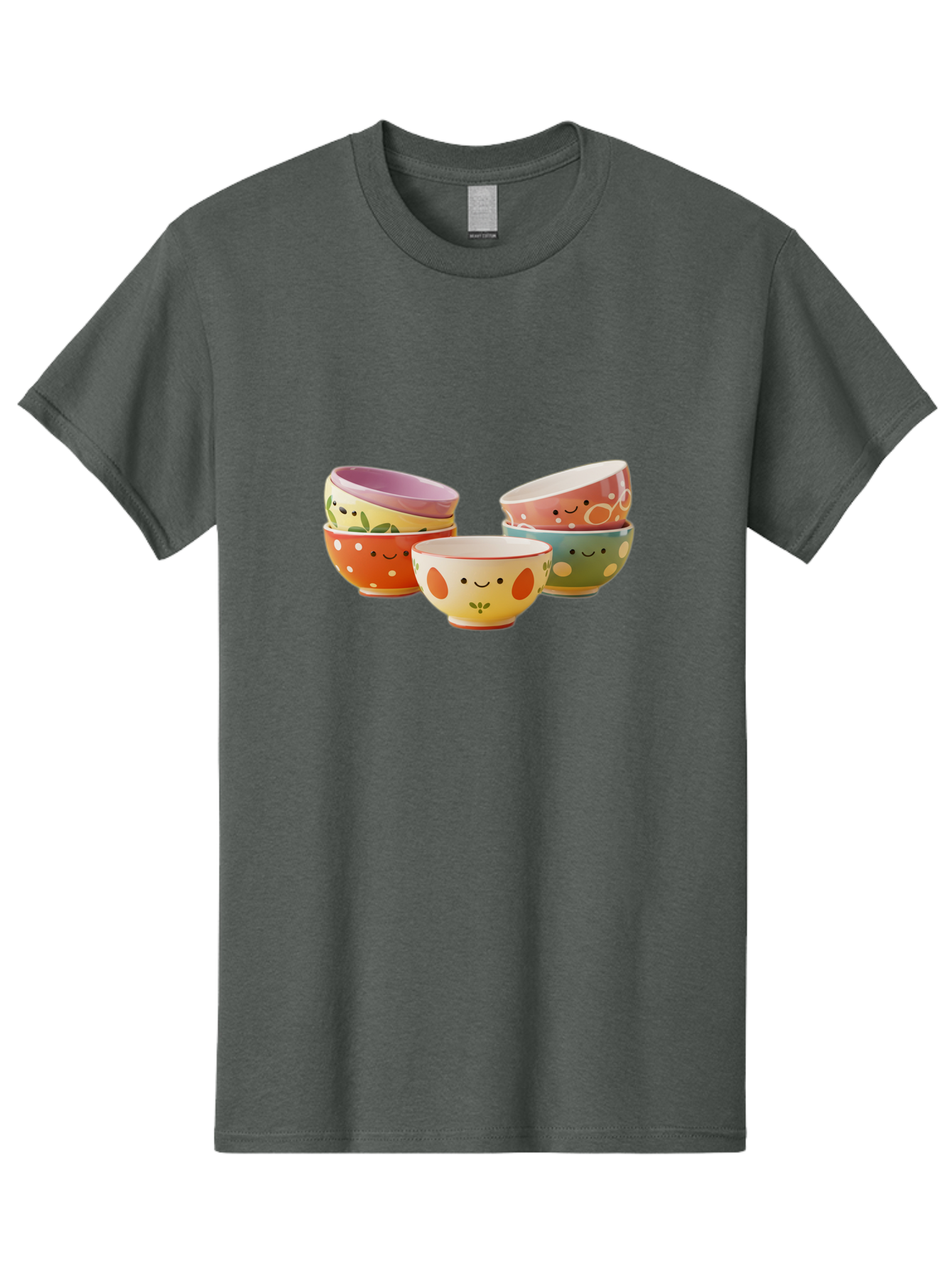 Smiley-Bowls Men'S Graphic Tee, 100% Cotton, Comfortable Casual Summer Wear, Machine Washable, Colorful Bowls, Smiley Faces, Playful Designs, Ceramic Tableware, Kitchen Decor, Happy Vibes, Polka Dots Bab403