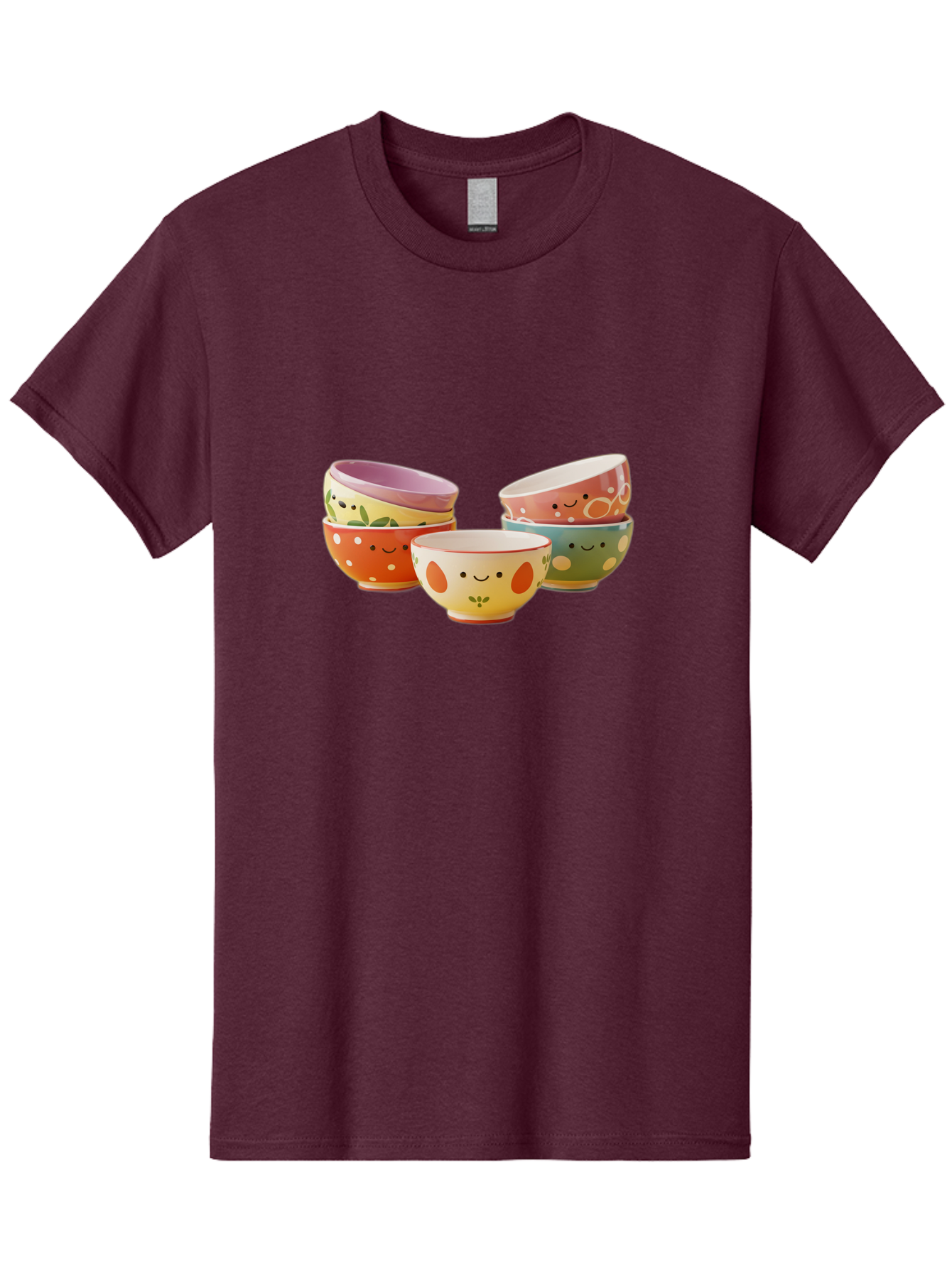 Smiley-Bowls Men'S Graphic Tee, 100% Cotton, Comfortable Casual Summer Wear, Machine Washable, Colorful Bowls, Smiley Faces, Playful Designs, Ceramic Tableware, Kitchen Decor, Happy Vibes, Polka Dots Bab403