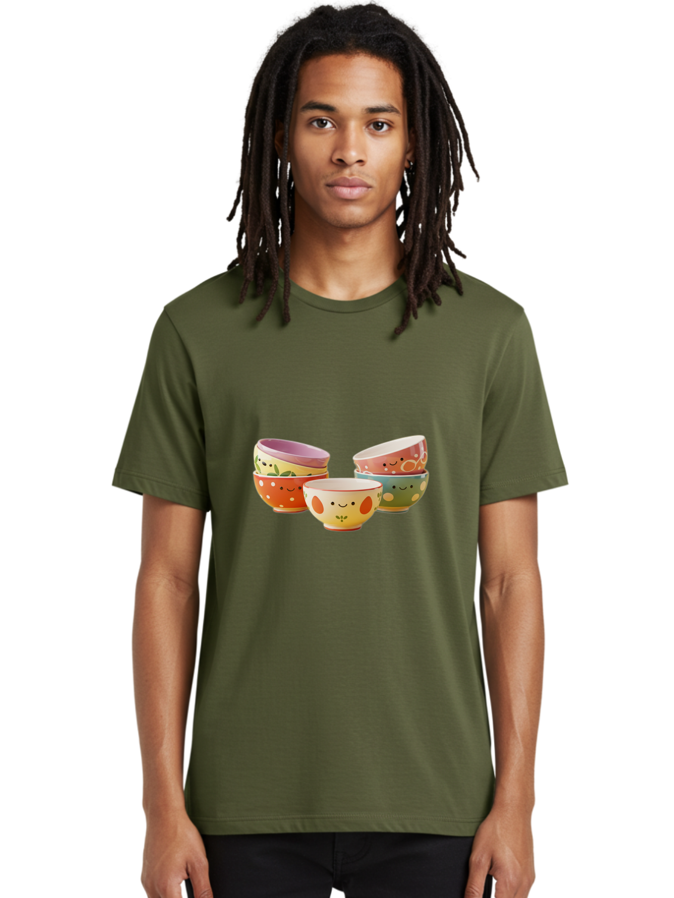 Smiley-Bowls Men'S Graphic Tee, 100% Cotton, Comfortable Casual Summer Wear, Machine Washable, Colorful Bowls, Smiley Faces, Playful Designs, Ceramic Tableware, Kitchen Decor, Happy Vibes, Polka Dots Bab403