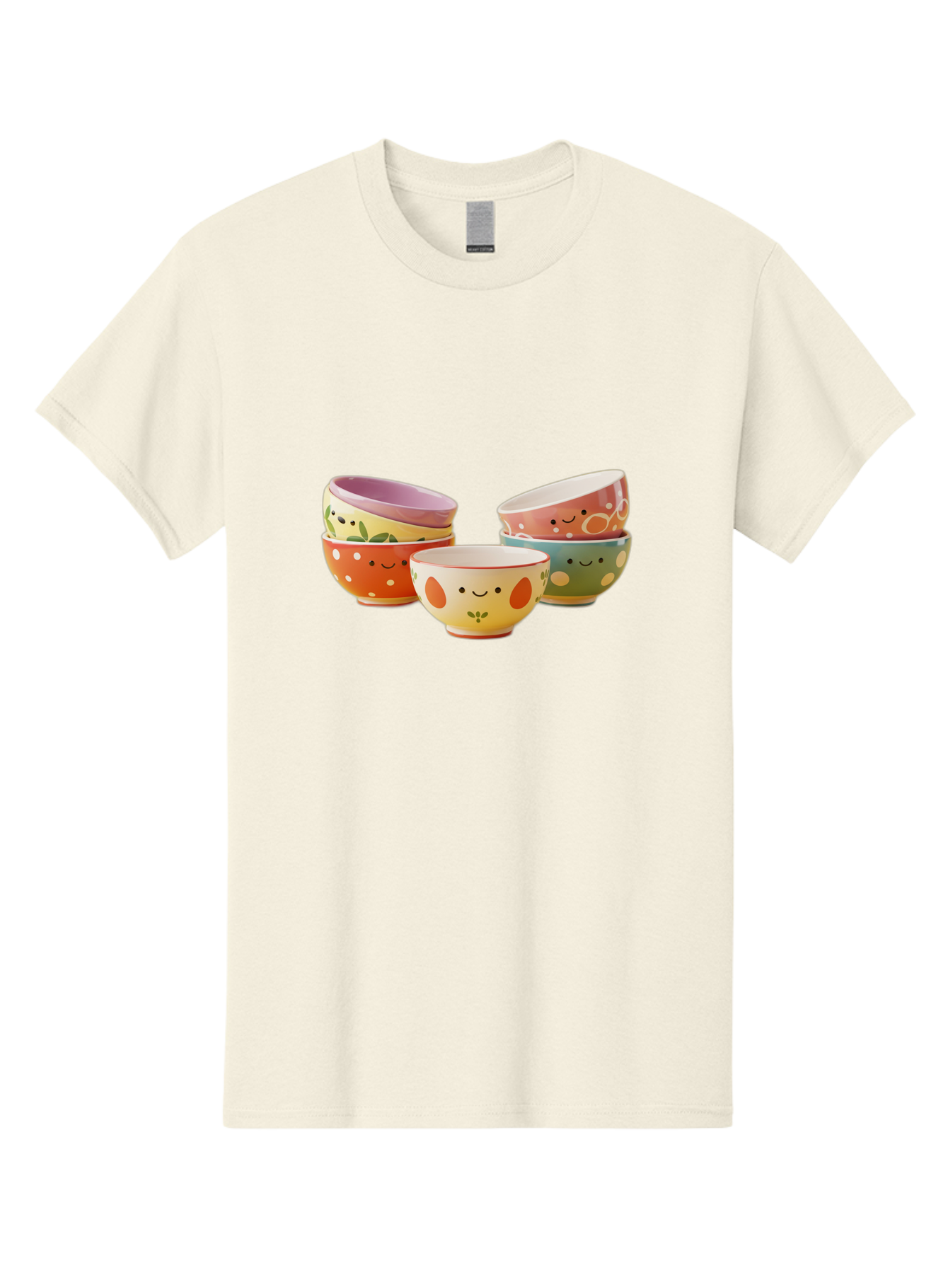 Smiley-Bowls Men'S Graphic Tee, 100% Cotton, Comfortable Casual Summer Wear, Machine Washable, Colorful Bowls, Smiley Faces, Playful Designs, Ceramic Tableware, Kitchen Decor, Happy Vibes, Polka Dots Bab403