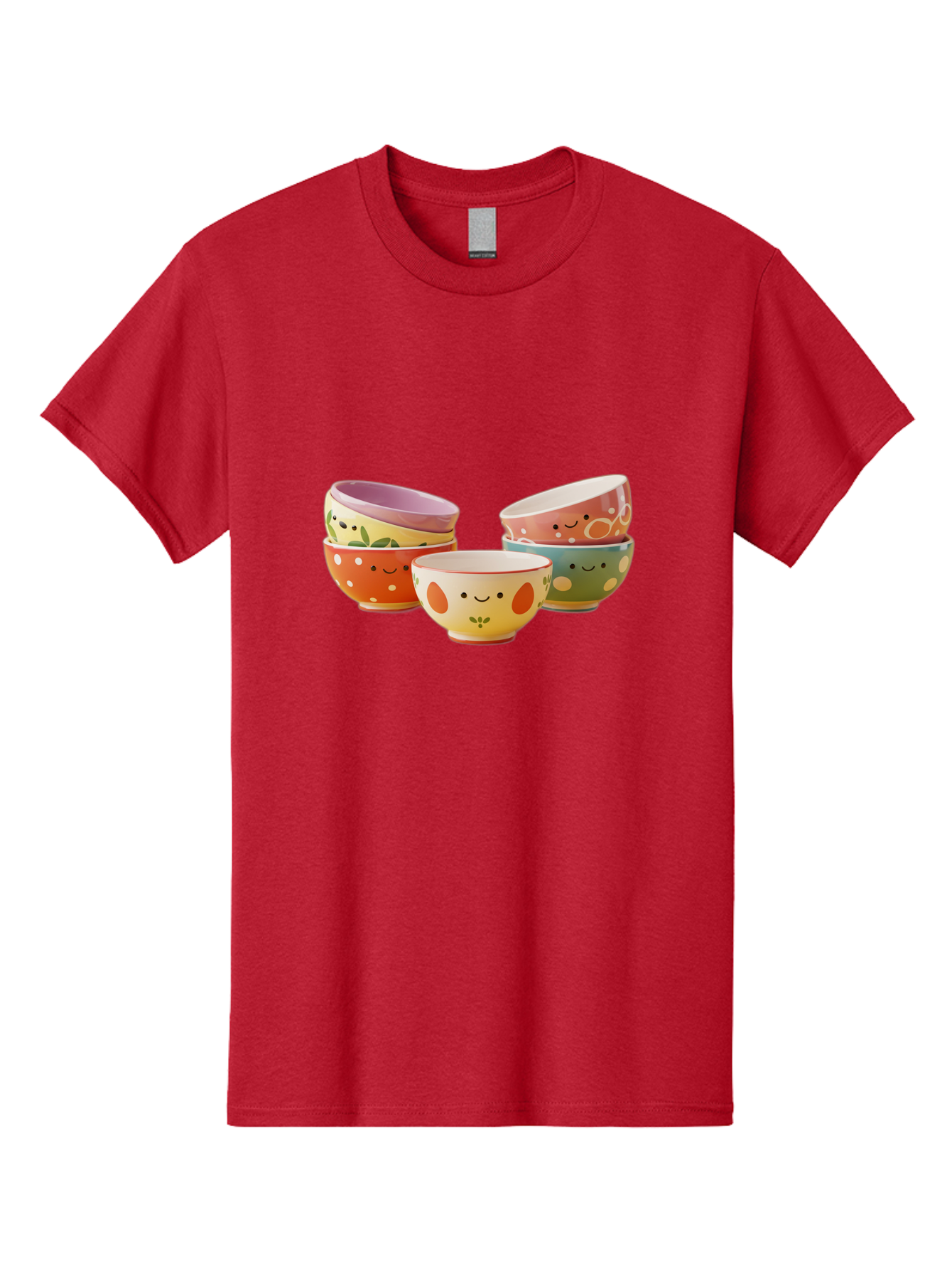 Smiley-Bowls Men'S Graphic Tee, 100% Cotton, Comfortable Casual Summer Wear, Machine Washable, Colorful Bowls, Smiley Faces, Playful Designs, Ceramic Tableware, Kitchen Decor, Happy Vibes, Polka Dots Bab403