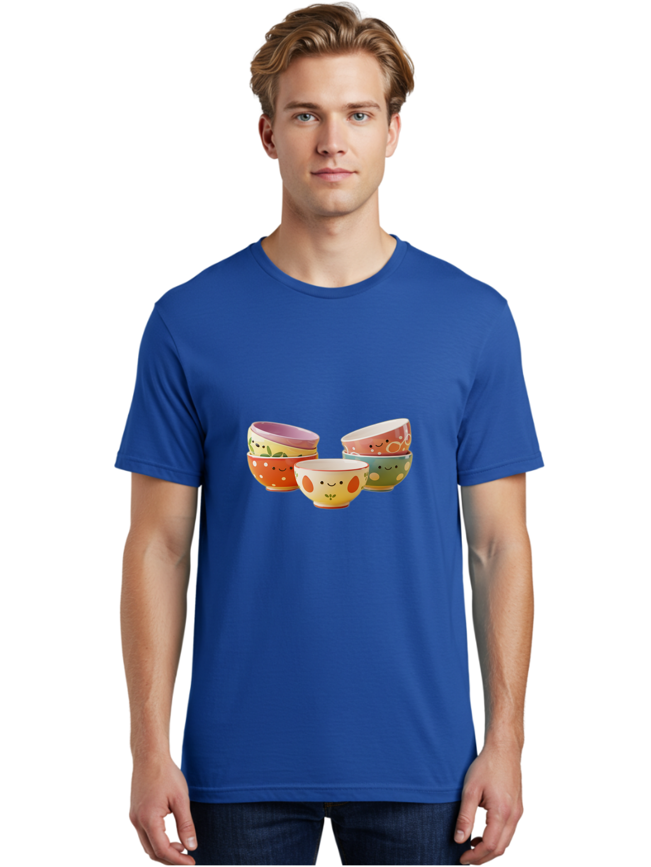 Smiley-Bowls Men'S Graphic Tee, 100% Cotton, Comfortable Casual Summer Wear, Machine Washable, Colorful Bowls, Smiley Faces, Playful Designs, Ceramic Tableware, Kitchen Decor, Happy Vibes, Polka Dots Bab403