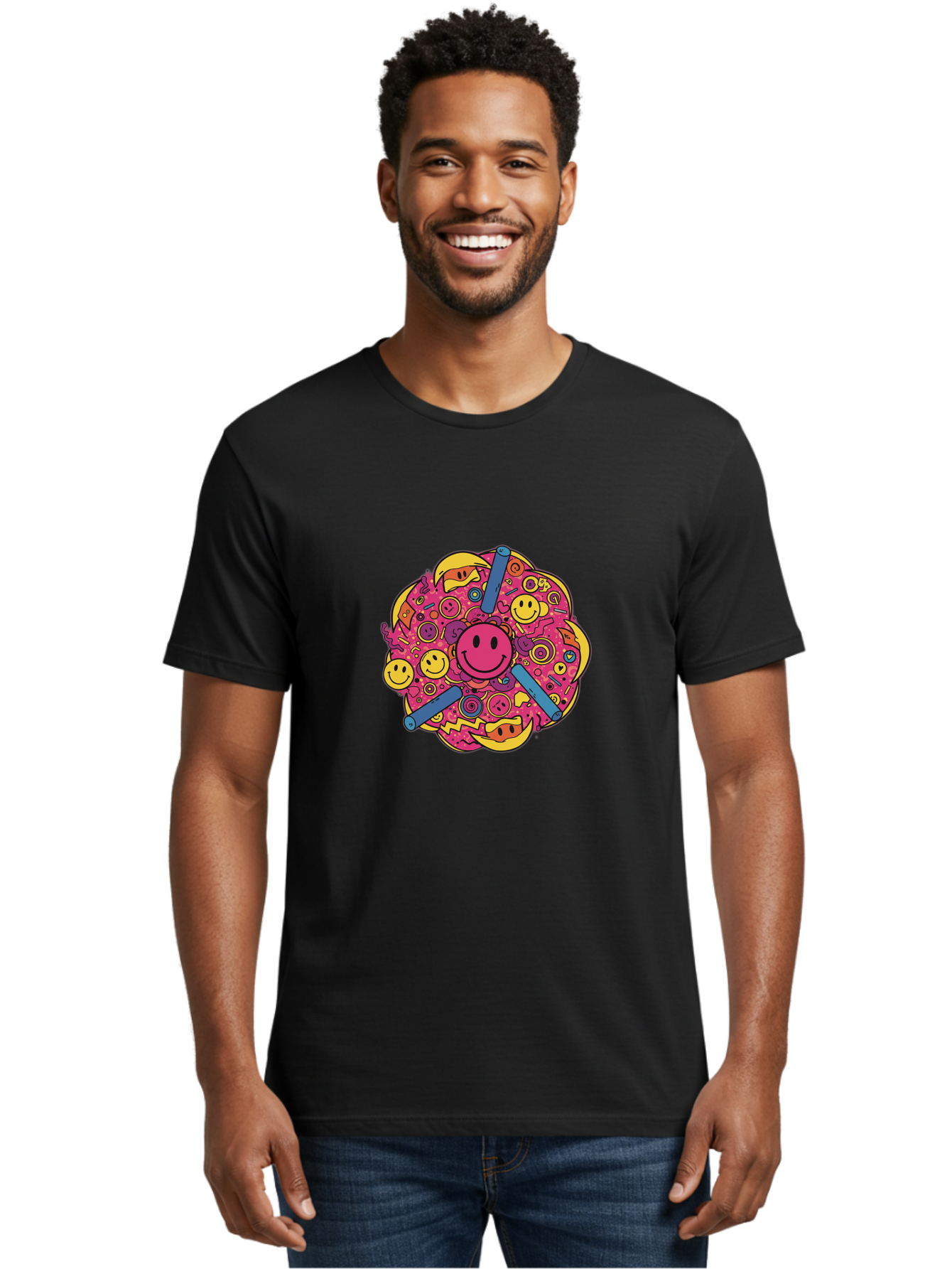 Smiley-Face-Collage Men'S Graphic Tee, 100% Cotton, Comfortable Casual Summer Wear, Machine Washable, Happy Face, Smiling Symbols, Retro Pop Art, Vibrant Illustrations, Playful Design, Colorful Graphics, Fun Emojis, Doodle Art, Happy Vibes, Bab404