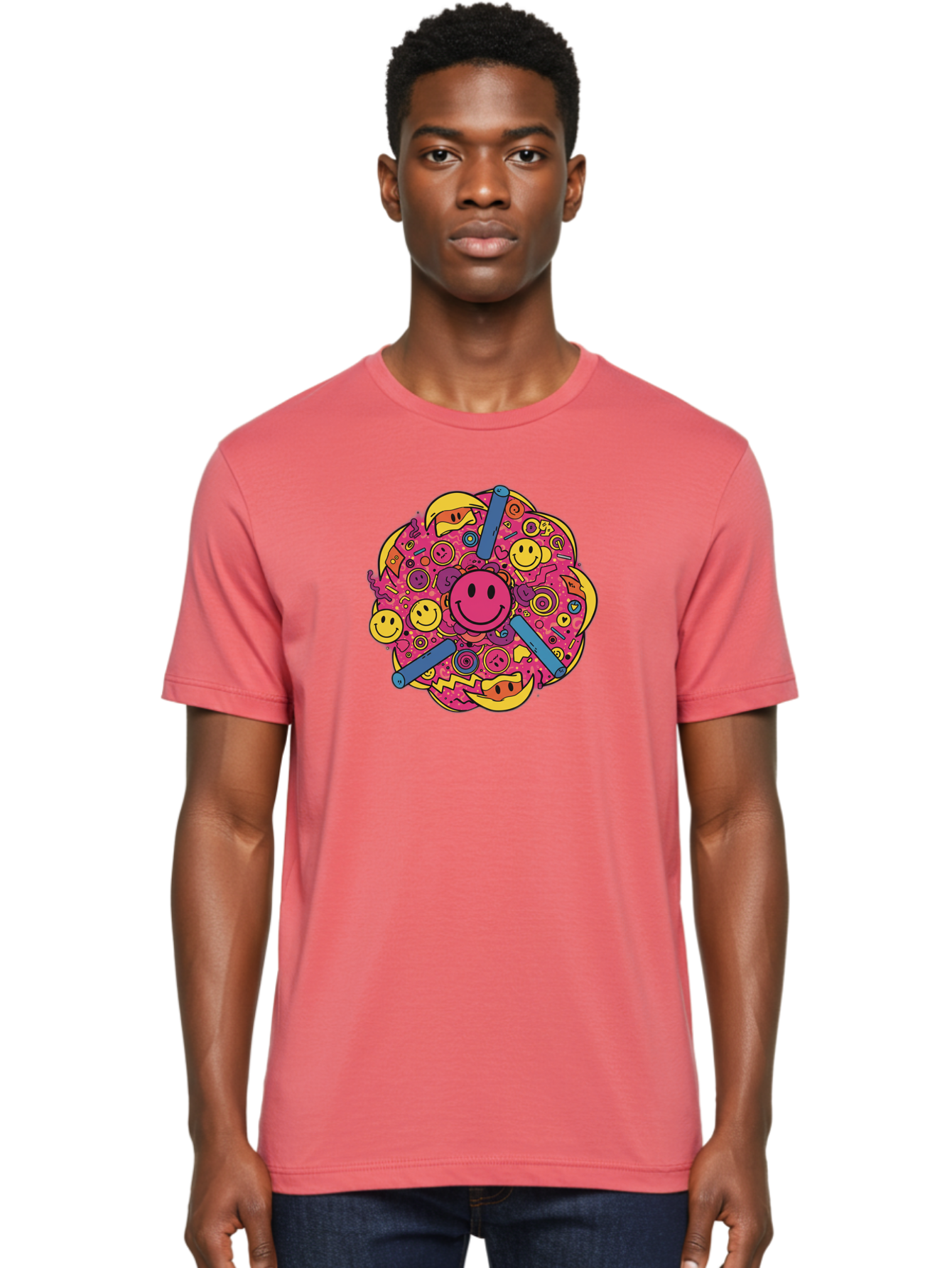 Smiley-Face-Collage Men'S Graphic Tee, 100% Cotton, Comfortable Casual Summer Wear, Machine Washable, Happy Face, Smiling Symbols, Retro Pop Art, Vibrant Illustrations, Playful Design, Colorful Graphics, Fun Emojis, Doodle Art, Happy Vibes, Bab404