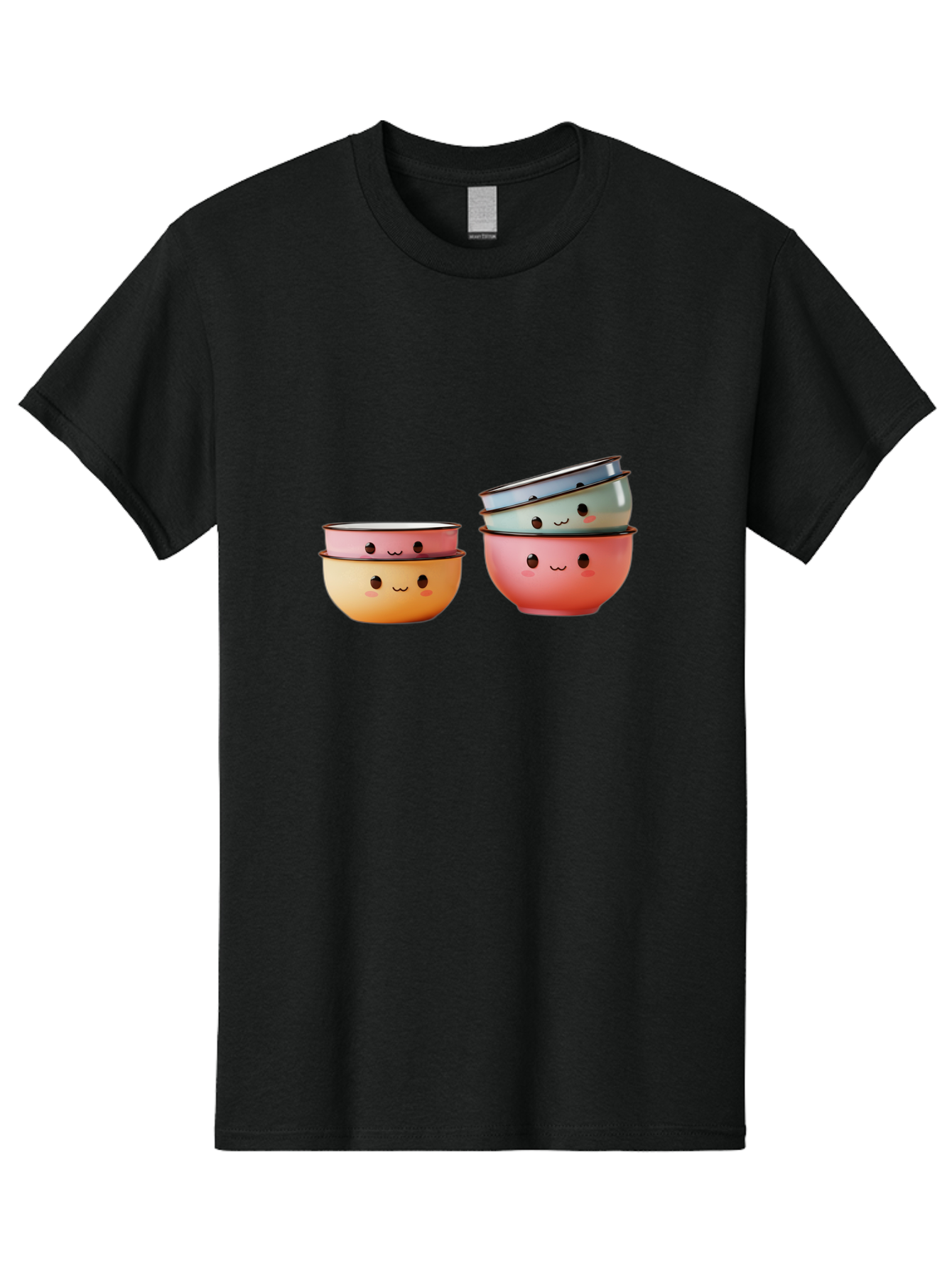 Smiling-Bowls-1 Men'S Graphic Tee, 100% Cotton, Comfortable Casual Summer Wear, Machine Washable, Stacked Mixing Bowls, Cute Kitchenware, Colorful Bowls, Smiling Faces, Kitchen Utensils, Cooking Essentials, Adorable Design, Pastel Colors, Bab406