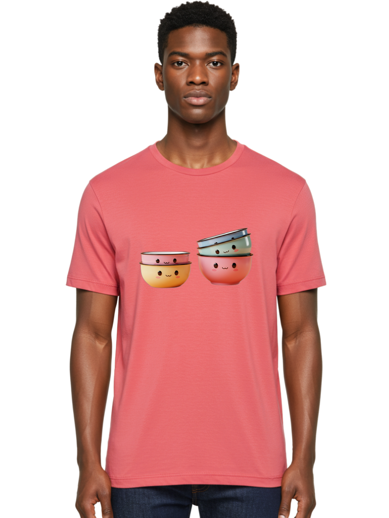 Smiling-Bowls-1 Men'S Graphic Tee, 100% Cotton, Comfortable Casual Summer Wear, Machine Washable, Stacked Mixing Bowls, Cute Kitchenware, Colorful Bowls, Smiling Faces, Kitchen Utensils, Cooking Essentials, Adorable Design, Pastel Colors, Bab406