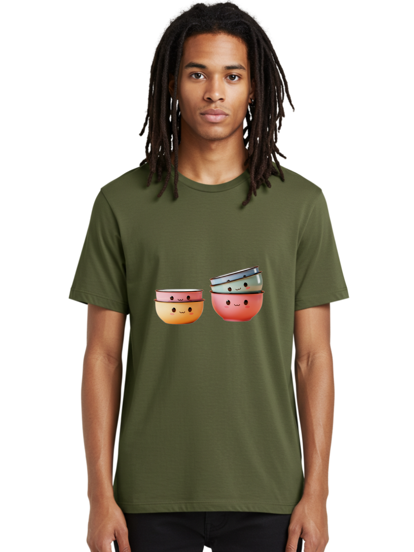 Smiling-Bowls-1 Men'S Graphic Tee, 100% Cotton, Comfortable Casual Summer Wear, Machine Washable, Stacked Mixing Bowls, Cute Kitchenware, Colorful Bowls, Smiling Faces, Kitchen Utensils, Cooking Essentials, Adorable Design, Pastel Colors, Bab406