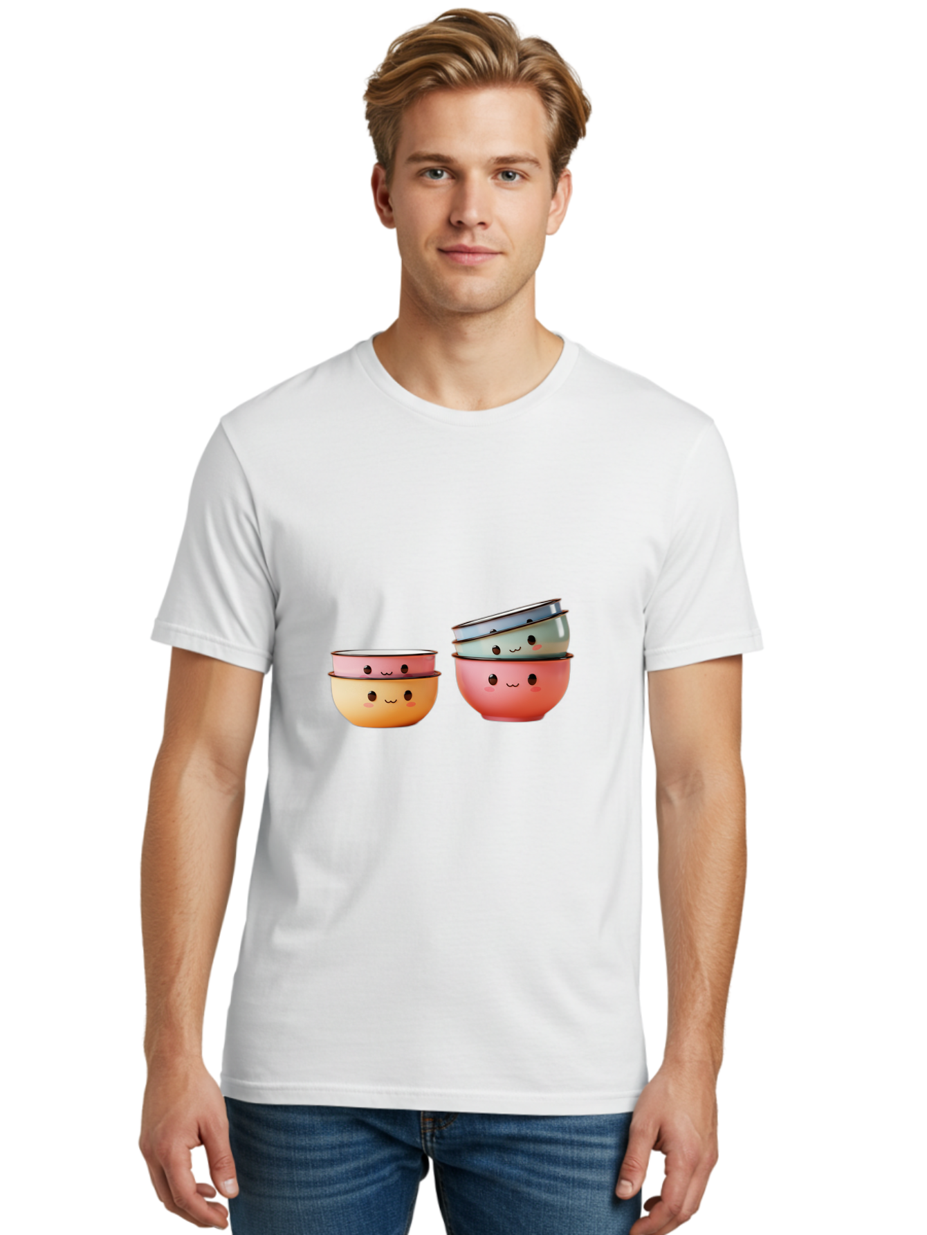 Smiling-Bowls-1 Men'S Graphic Tee, 100% Cotton, Comfortable Casual Summer Wear, Machine Washable, Stacked Mixing Bowls, Cute Kitchenware, Colorful Bowls, Smiling Faces, Kitchen Utensils, Cooking Essentials, Adorable Design, Pastel Colors, Bab406