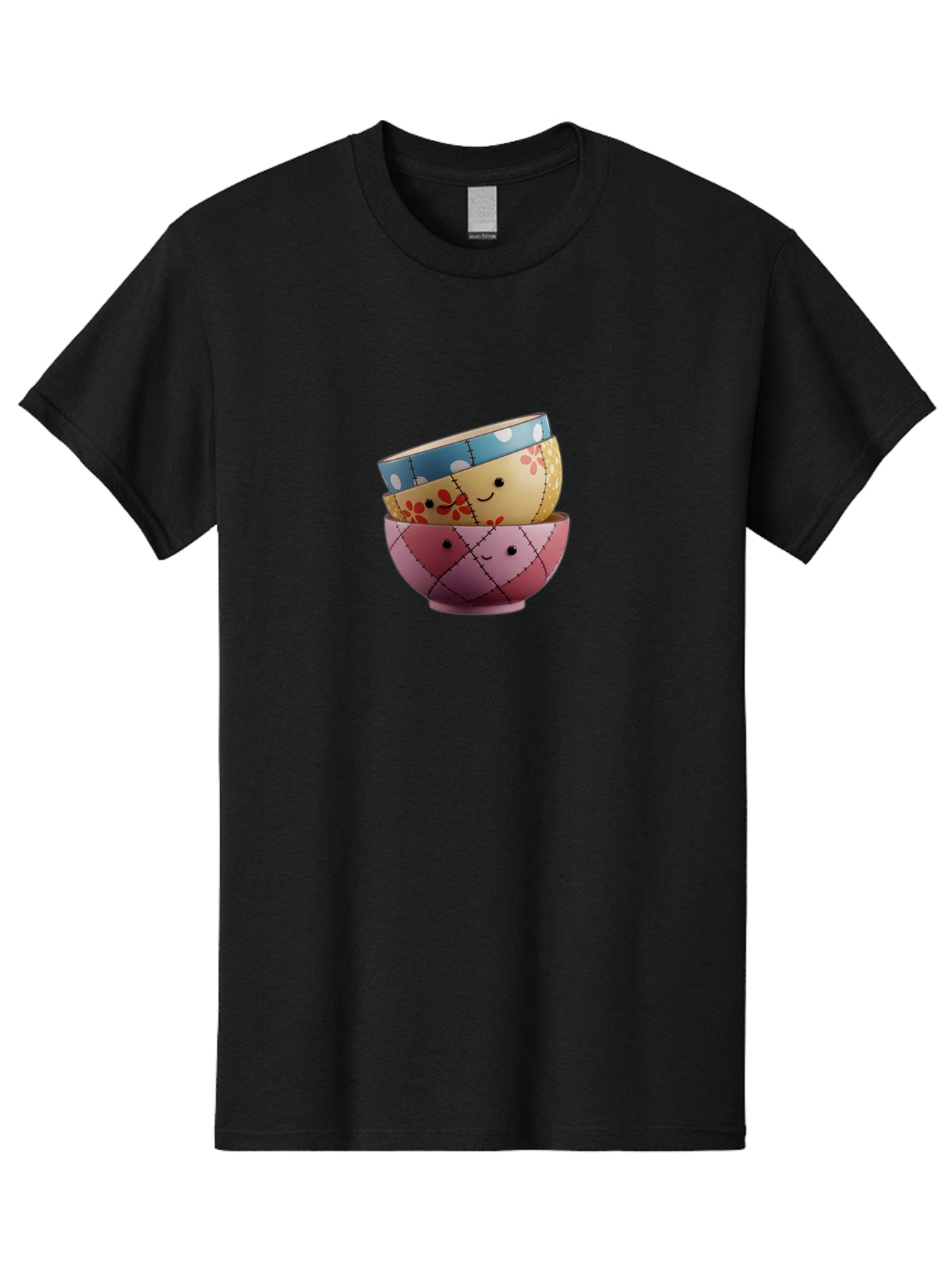 Smiling-Bowls Men'S Graphic Tee, 100% Cotton, Comfortable Casual Summer Wear, Machine Washable, Stacked Bowls, Smiling Faces, Colorful Patterns, Pastel Colors, Floral Designs, Polka Dots, Argyle Pattern, Cute Kitchenware, Tableware, Bab407