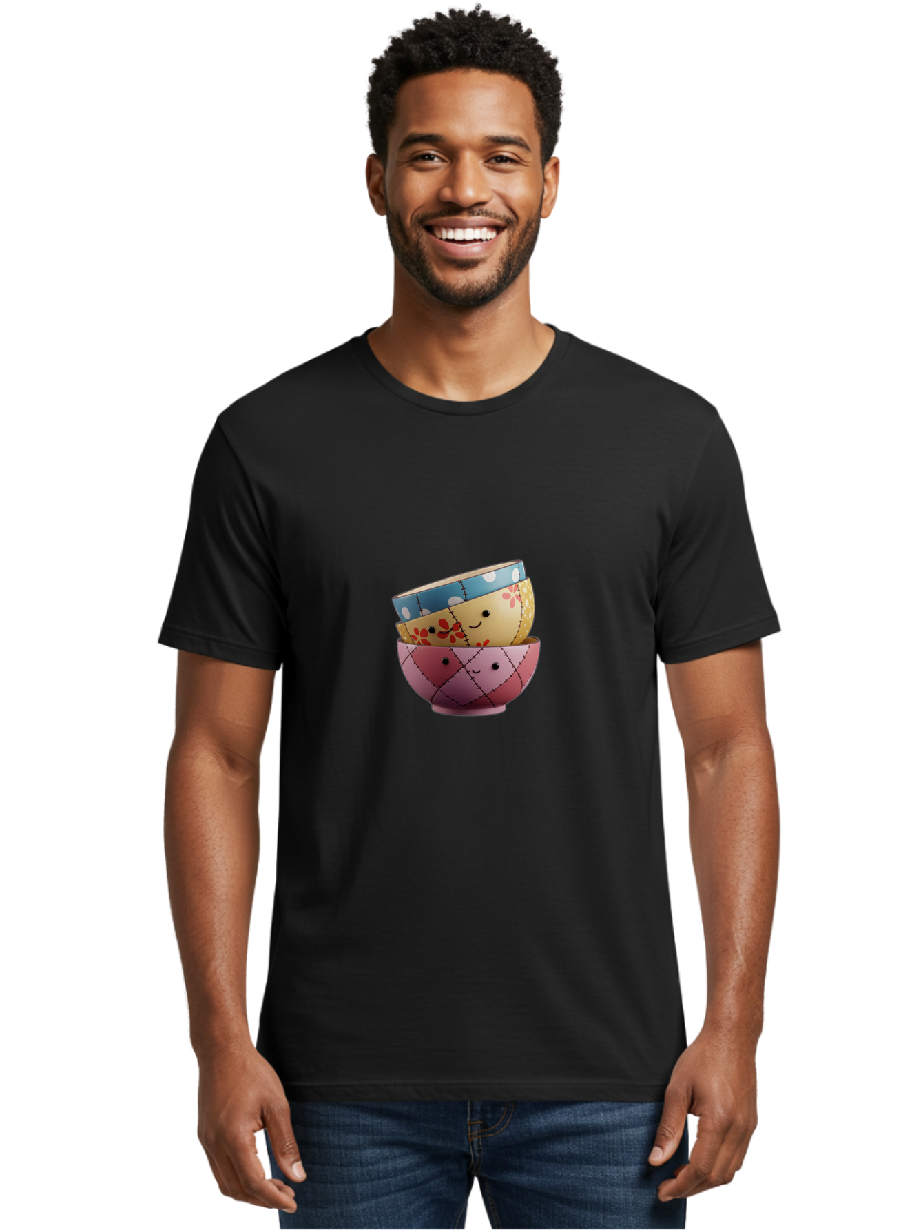 Smiling-Bowls Men'S Graphic Tee, 100% Cotton, Comfortable Casual Summer Wear, Machine Washable, Stacked Bowls, Smiling Faces, Colorful Patterns, Pastel Colors, Floral Designs, Polka Dots, Argyle Pattern, Cute Kitchenware, Tableware, Bab407