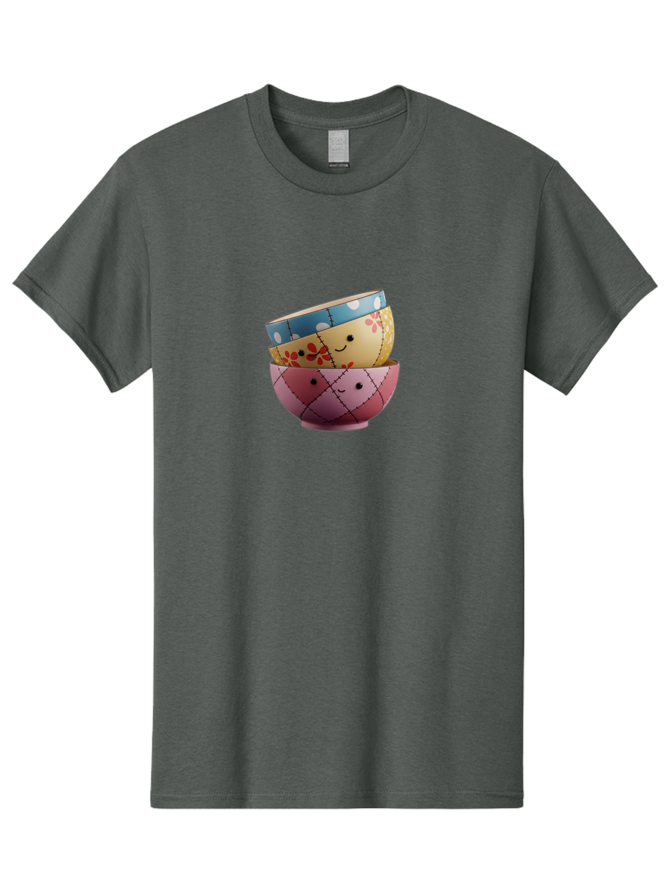 Smiling-Bowls Men'S Graphic Tee, 100% Cotton, Comfortable Casual Summer Wear, Machine Washable, Stacked Bowls, Smiling Faces, Colorful Patterns, Pastel Colors, Floral Designs, Polka Dots, Argyle Pattern, Cute Kitchenware, Tableware, Bab407
