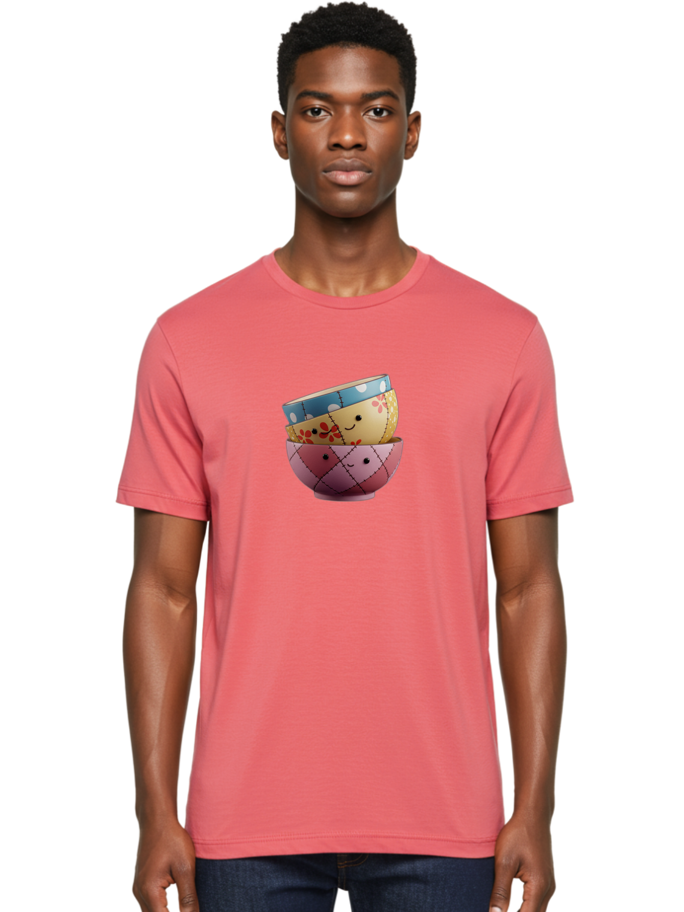 Smiling-Bowls Men'S Graphic Tee, 100% Cotton, Comfortable Casual Summer Wear, Machine Washable, Stacked Bowls, Smiling Faces, Colorful Patterns, Pastel Colors, Floral Designs, Polka Dots, Argyle Pattern, Cute Kitchenware, Tableware, Bab407