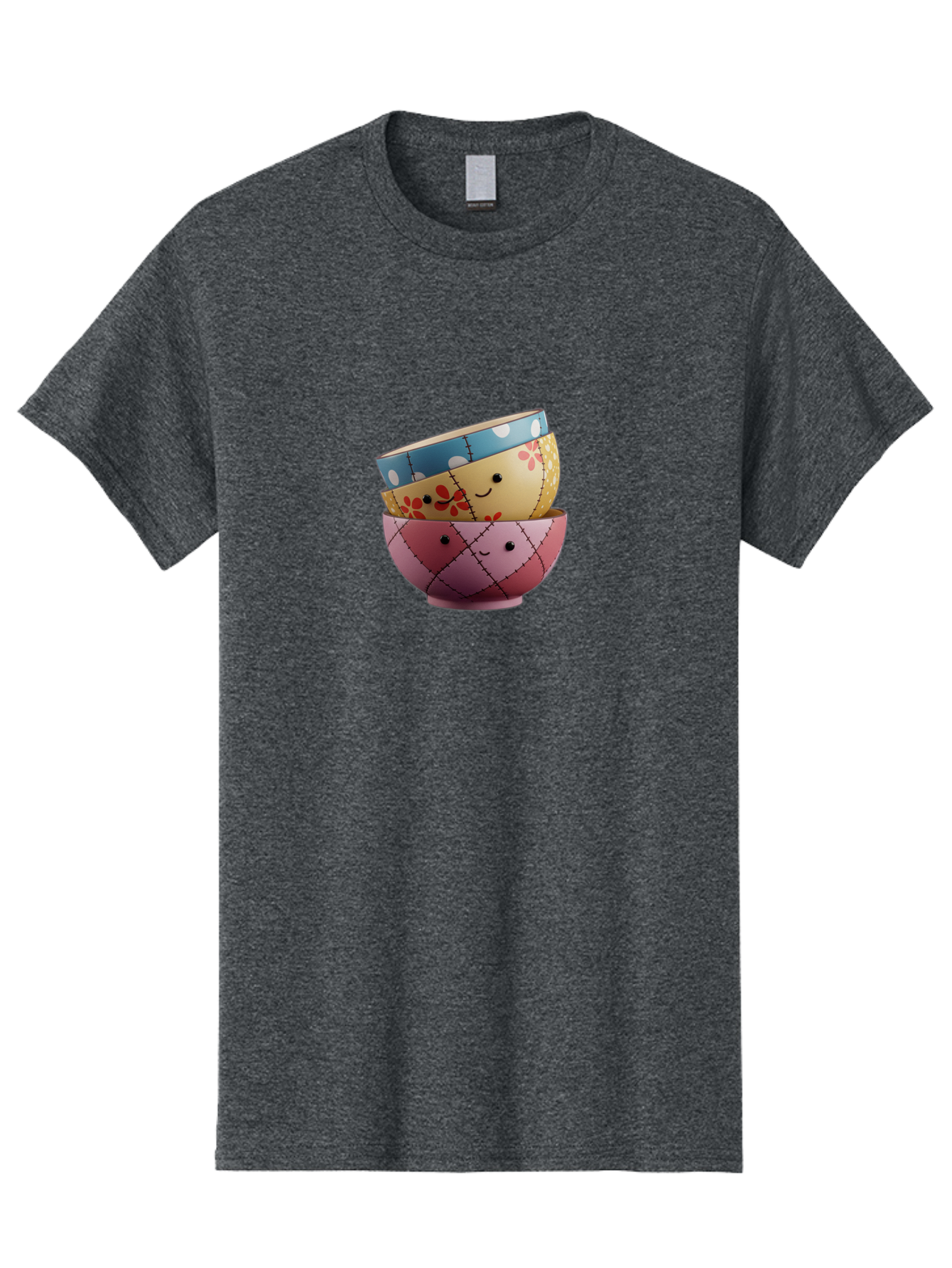 Smiling-Bowls Men'S Graphic Tee, 100% Cotton, Comfortable Casual Summer Wear, Machine Washable, Stacked Bowls, Smiling Faces, Colorful Patterns, Pastel Colors, Floral Designs, Polka Dots, Argyle Pattern, Cute Kitchenware, Tableware, Bab407