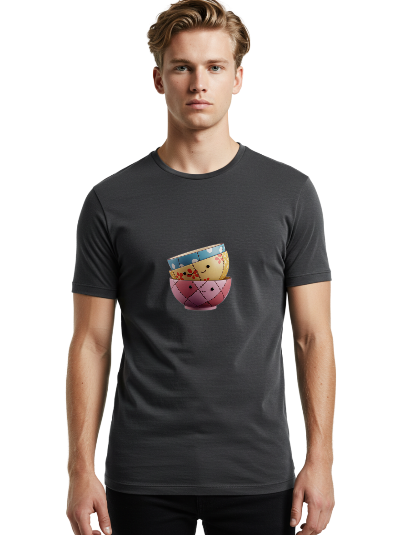 Smiling-Bowls Men'S Graphic Tee, 100% Cotton, Comfortable Casual Summer Wear, Machine Washable, Stacked Bowls, Smiling Faces, Colorful Patterns, Pastel Colors, Floral Designs, Polka Dots, Argyle Pattern, Cute Kitchenware, Tableware, Bab407