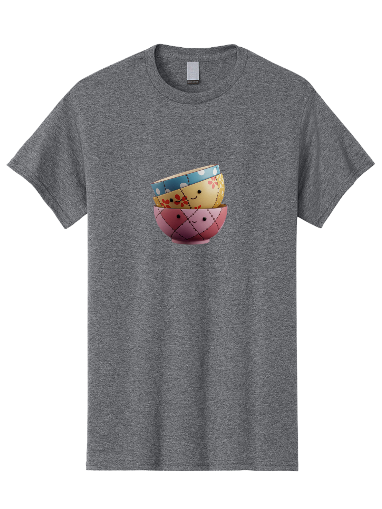 Smiling-Bowls Men'S Graphic Tee, 100% Cotton, Comfortable Casual Summer Wear, Machine Washable, Stacked Bowls, Smiling Faces, Colorful Patterns, Pastel Colors, Floral Designs, Polka Dots, Argyle Pattern, Cute Kitchenware, Tableware, Bab407