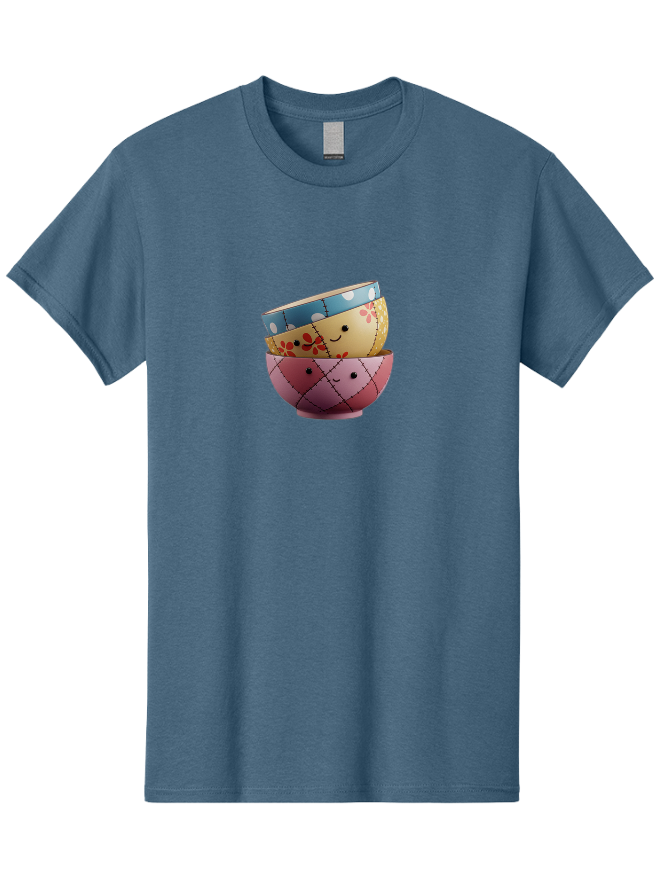 Smiling-Bowls Men'S Graphic Tee, 100% Cotton, Comfortable Casual Summer Wear, Machine Washable, Stacked Bowls, Smiling Faces, Colorful Patterns, Pastel Colors, Floral Designs, Polka Dots, Argyle Pattern, Cute Kitchenware, Tableware, Bab407