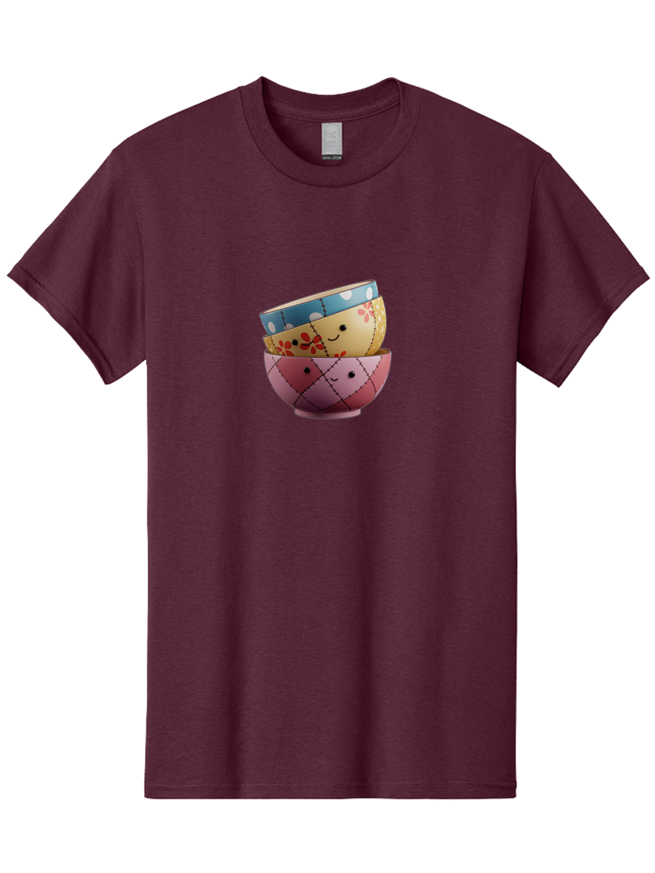 Smiling-Bowls Men'S Graphic Tee, 100% Cotton, Comfortable Casual Summer Wear, Machine Washable, Stacked Bowls, Smiling Faces, Colorful Patterns, Pastel Colors, Floral Designs, Polka Dots, Argyle Pattern, Cute Kitchenware, Tableware, Bab407